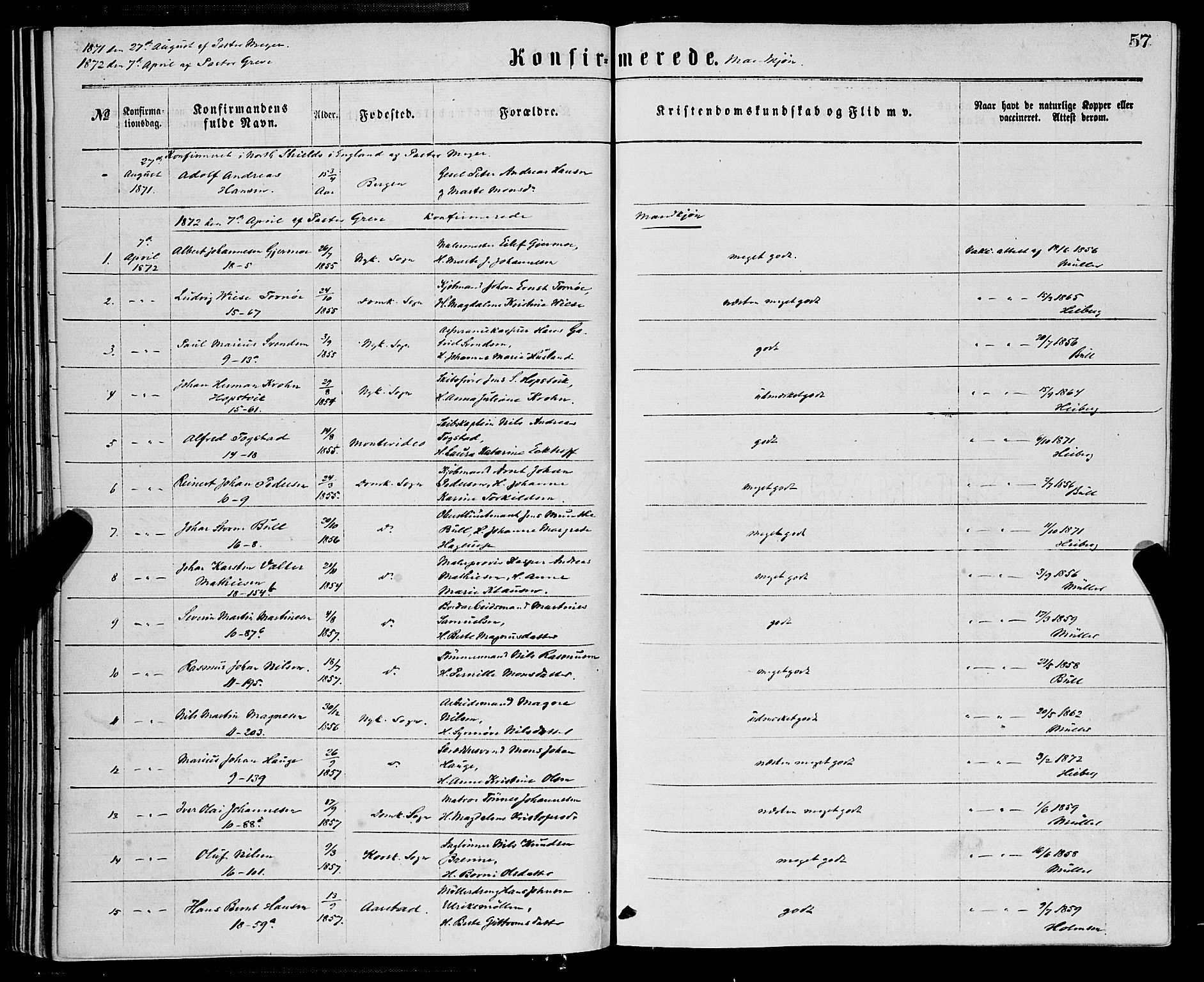 Domkirken sokneprestembete, SAB/A-74801/H/Haa/L0029: Parish register (official) no. C 4, 1864-1879, p. 57