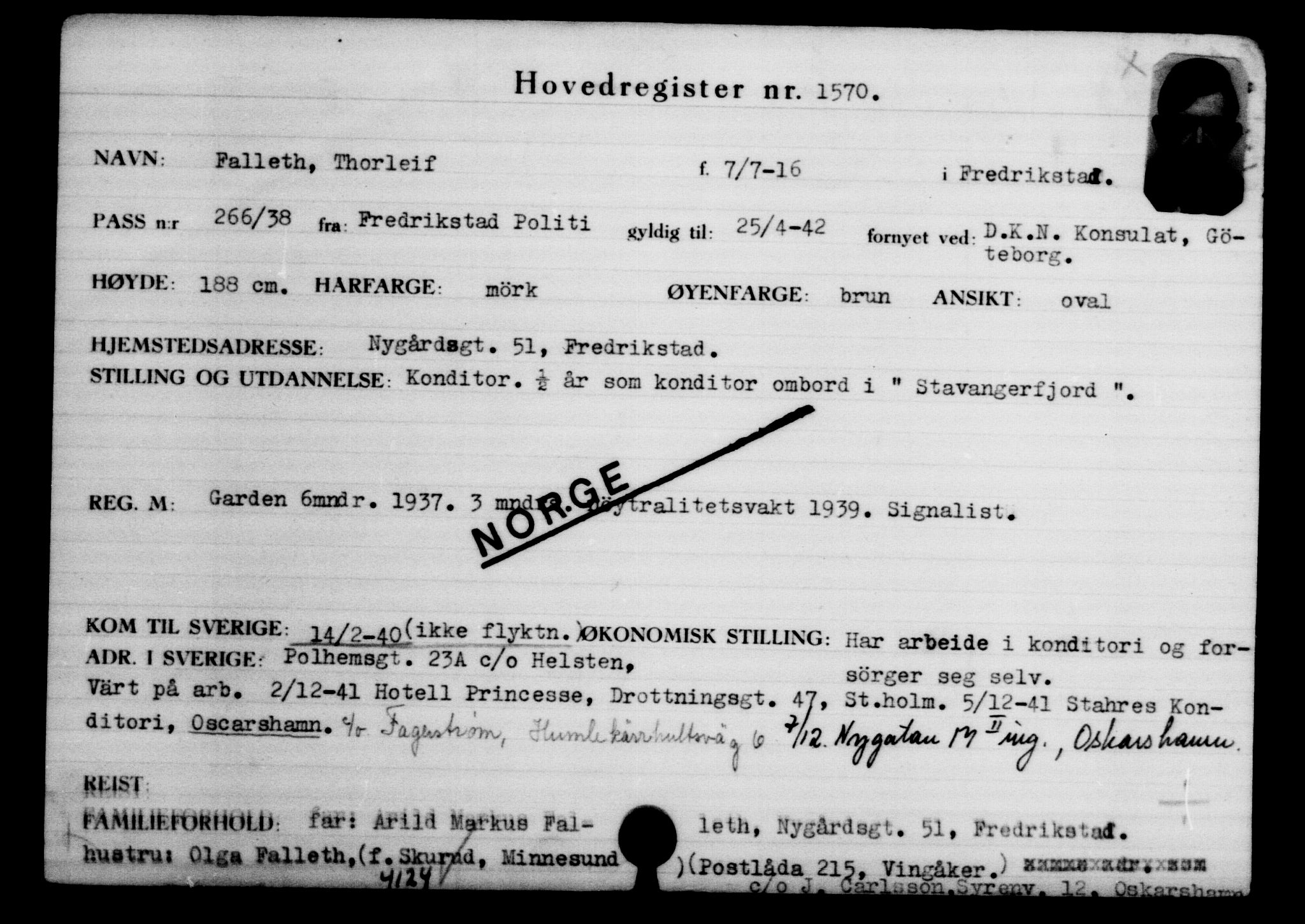 Utenriksstasjonene, Legasjonen i Stockholm, Flyktningkontoret, AV/RA-S-6753/V/Va/L0002: Kjesäterkartoteket, flyktninger med registreringsnr. 1001-2000, 1940-1945, p. 814