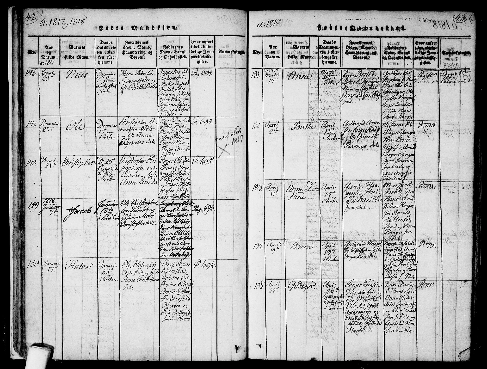 Nannestad prestekontor Kirkebøker, SAO/A-10414a/F/Fa/L0009: Parish register (official) no. I 9, 1815-1840, p. 42-43