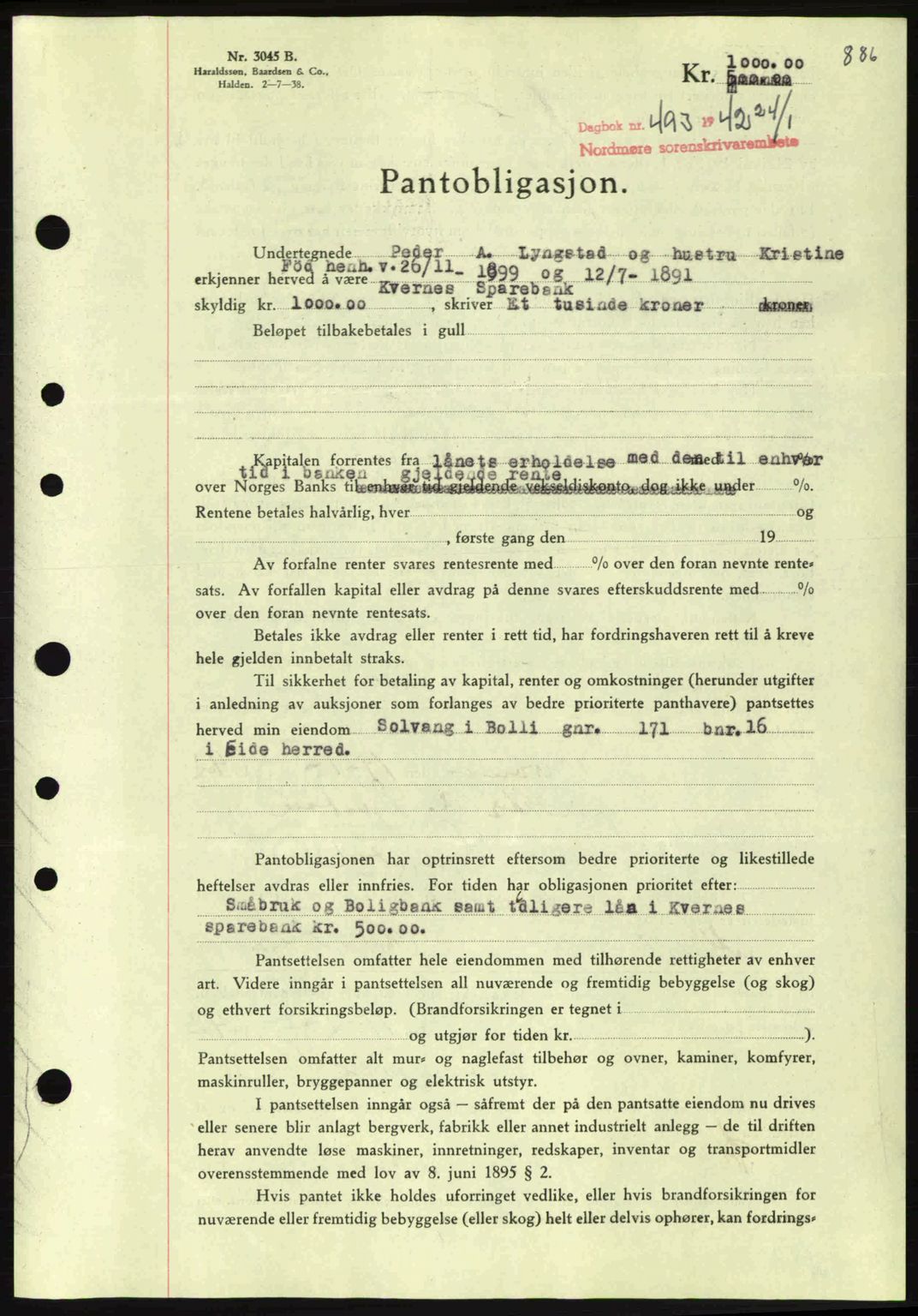 Nordmøre sorenskriveri, AV/SAT-A-4132/1/2/2Ca: Mortgage book no. B88, 1941-1942, Diary no: : 493/1942