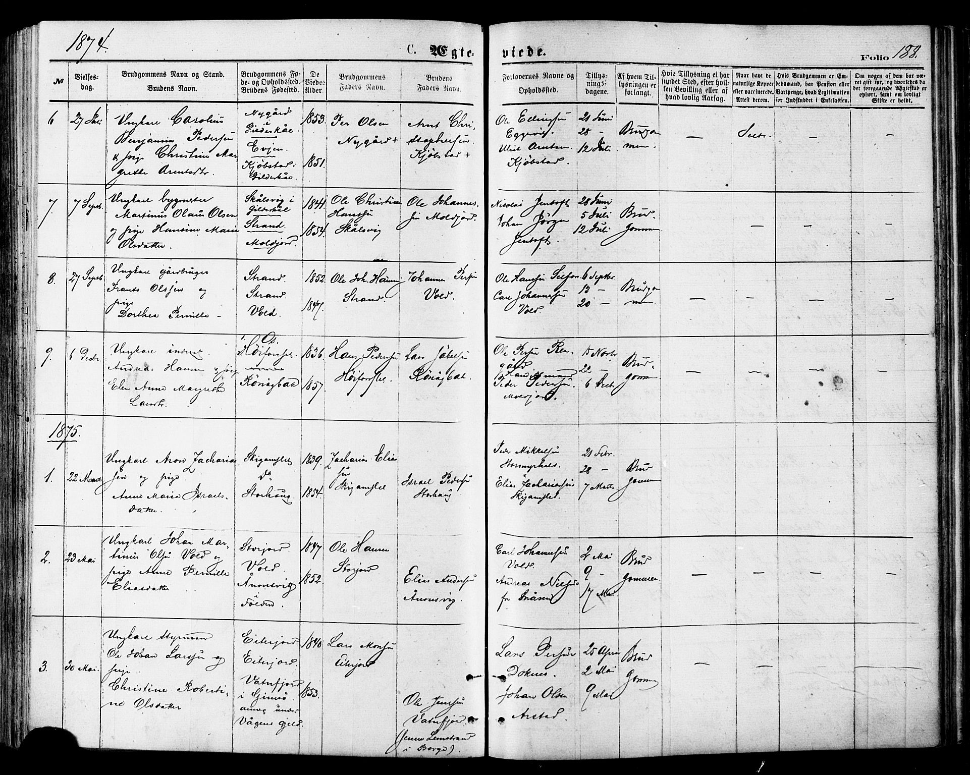 Ministerialprotokoller, klokkerbøker og fødselsregistre - Nordland, SAT/A-1459/846/L0645: Parish register (official) no. 846A03, 1872-1886, p. 188