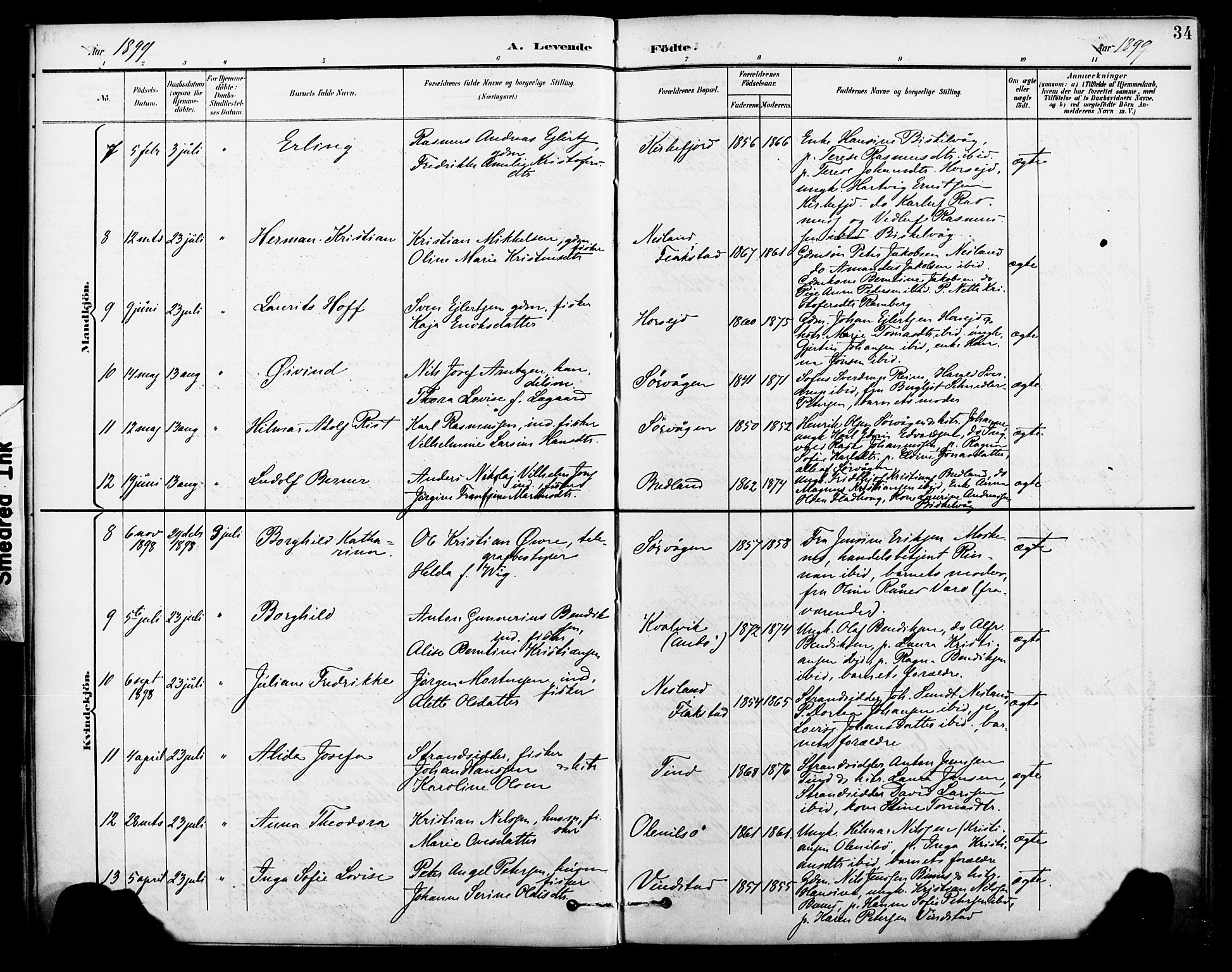 Ministerialprotokoller, klokkerbøker og fødselsregistre - Nordland, AV/SAT-A-1459/886/L1220: Parish register (official) no. 886A02, 1892-1903, p. 34