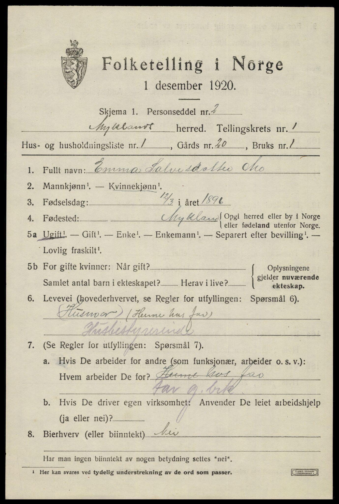 SAK, 1920 census for Mykland, 1920, p. 264