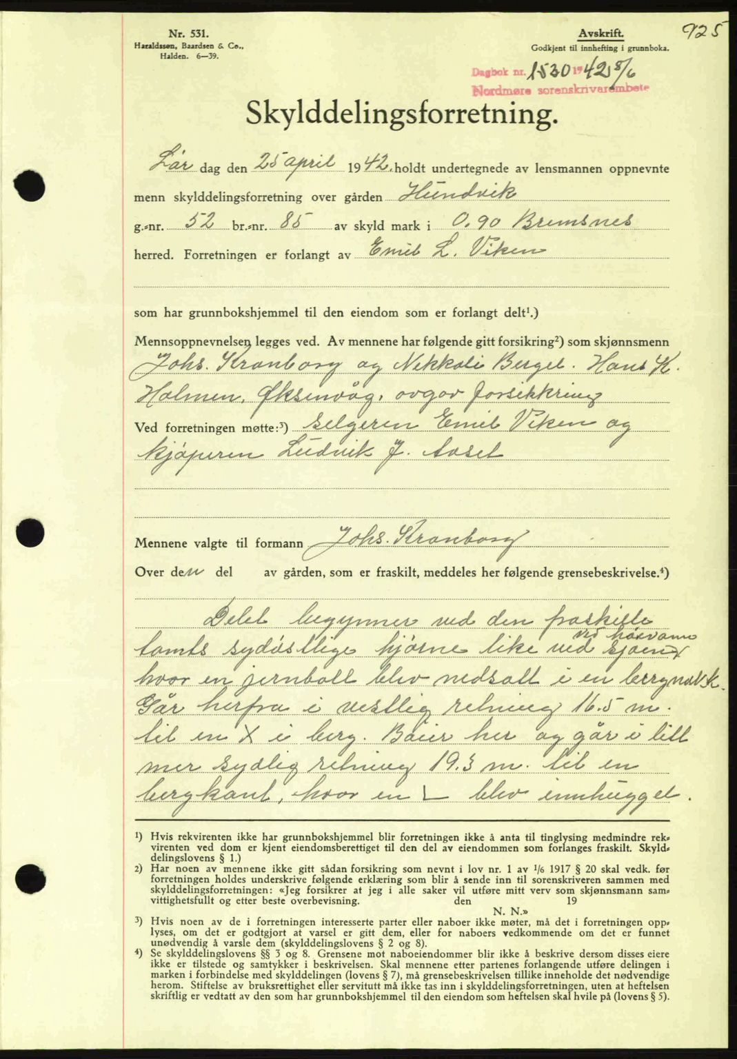 Nordmøre sorenskriveri, AV/SAT-A-4132/1/2/2Ca: Mortgage book no. A92, 1942-1942, Diary no: : 1530/1942