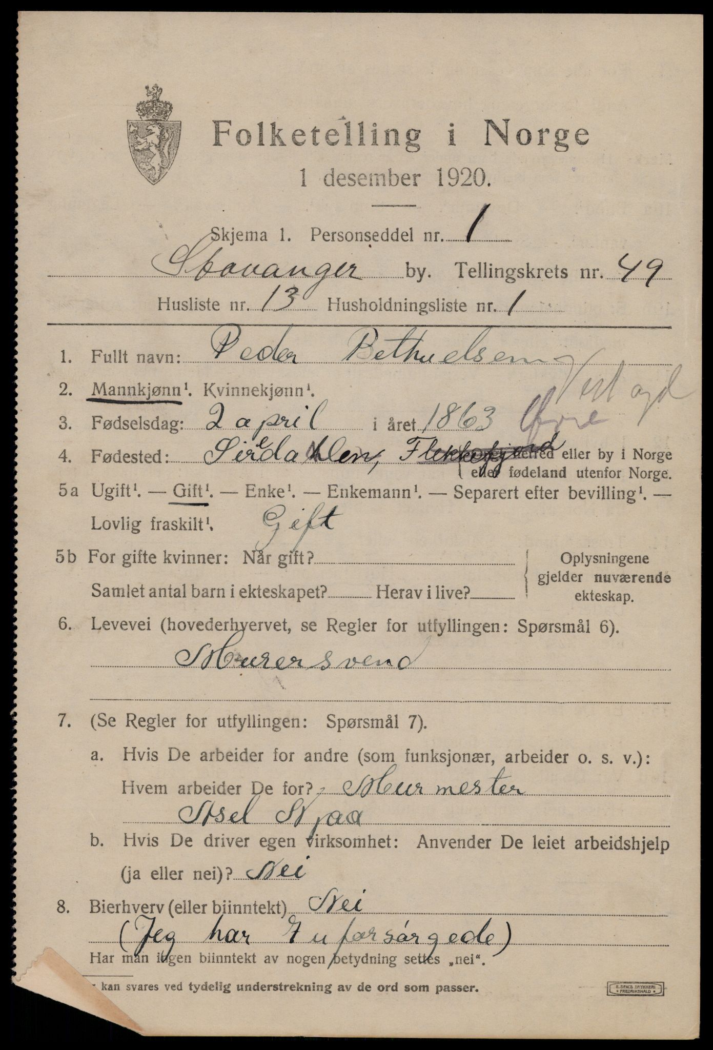 SAST, 1920 census for Stavanger, 1920, p. 118584