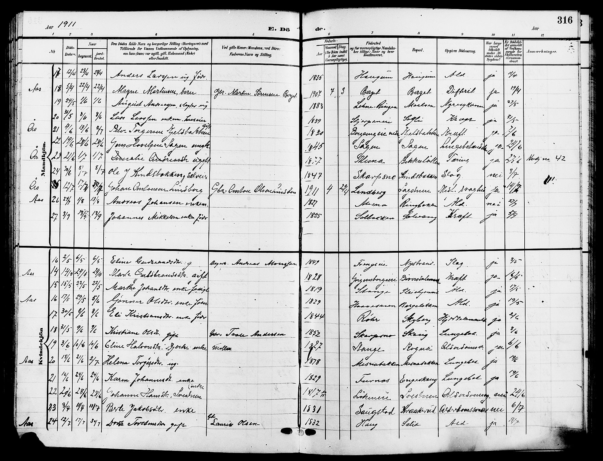 Ringsaker prestekontor, AV/SAH-PREST-014/L/La/L0015: Parish register (copy) no. 15, 1903-1912, p. 316