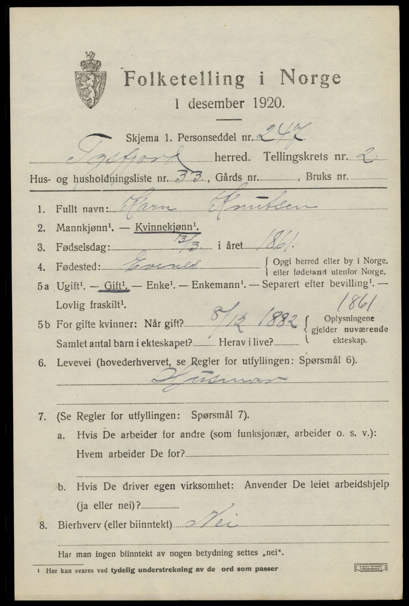 SAT, 1920 census for Tysfjord, 1920, p. 1721