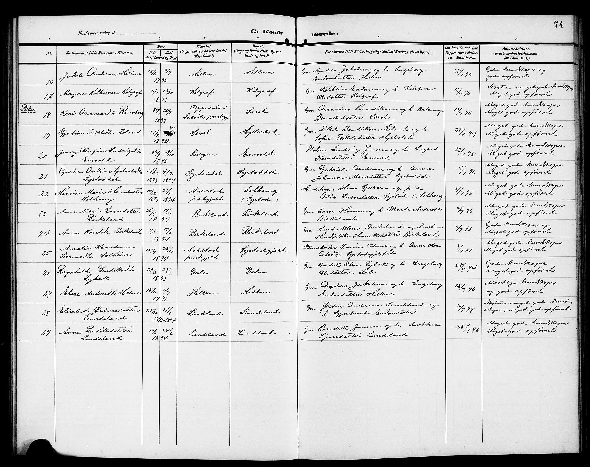 Hyllestad sokneprestembete, SAB/A-80401: Parish register (copy) no. A 3, 1906-1925, p. 74