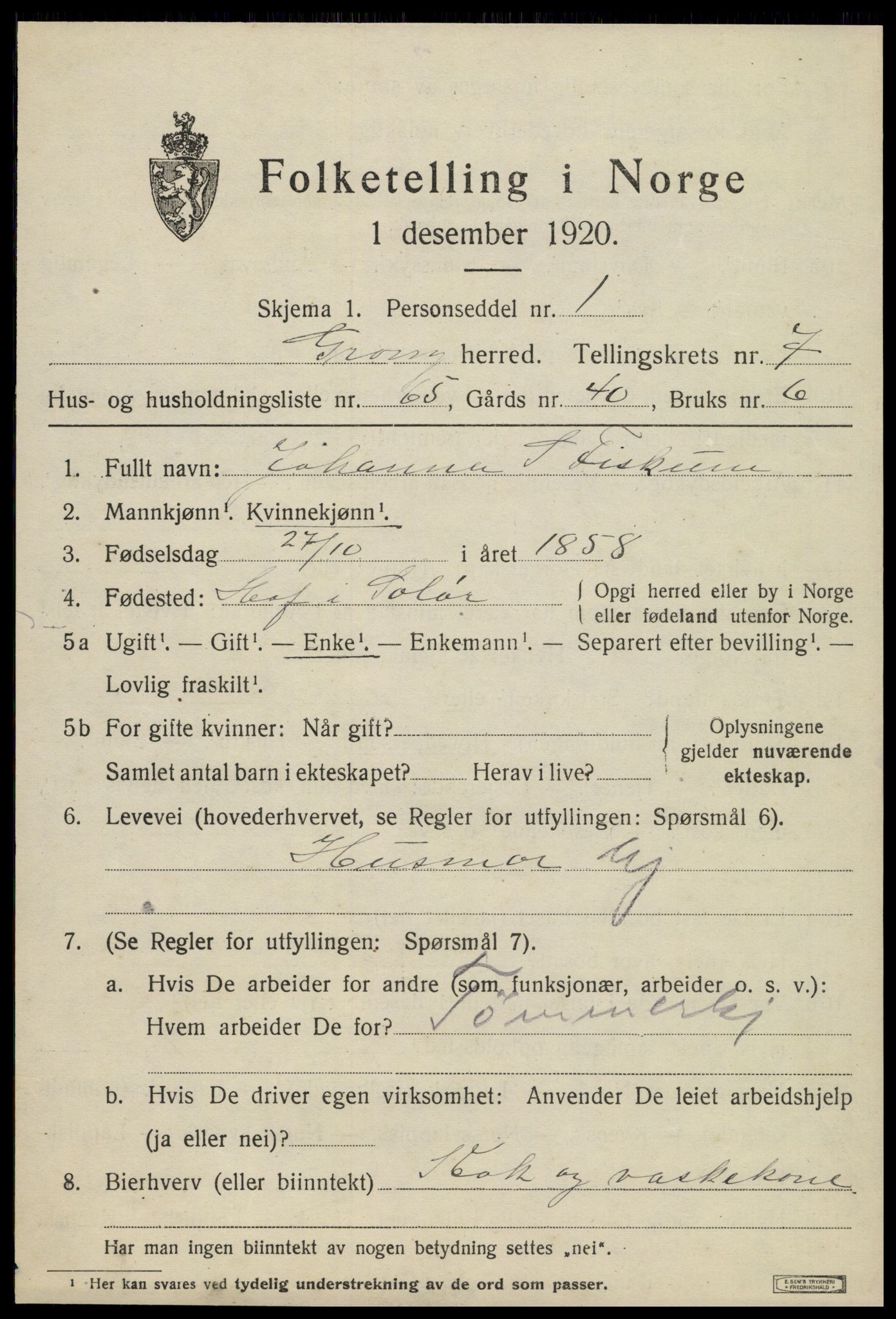 SAT, 1920 census for Grong, 1920, p. 4827