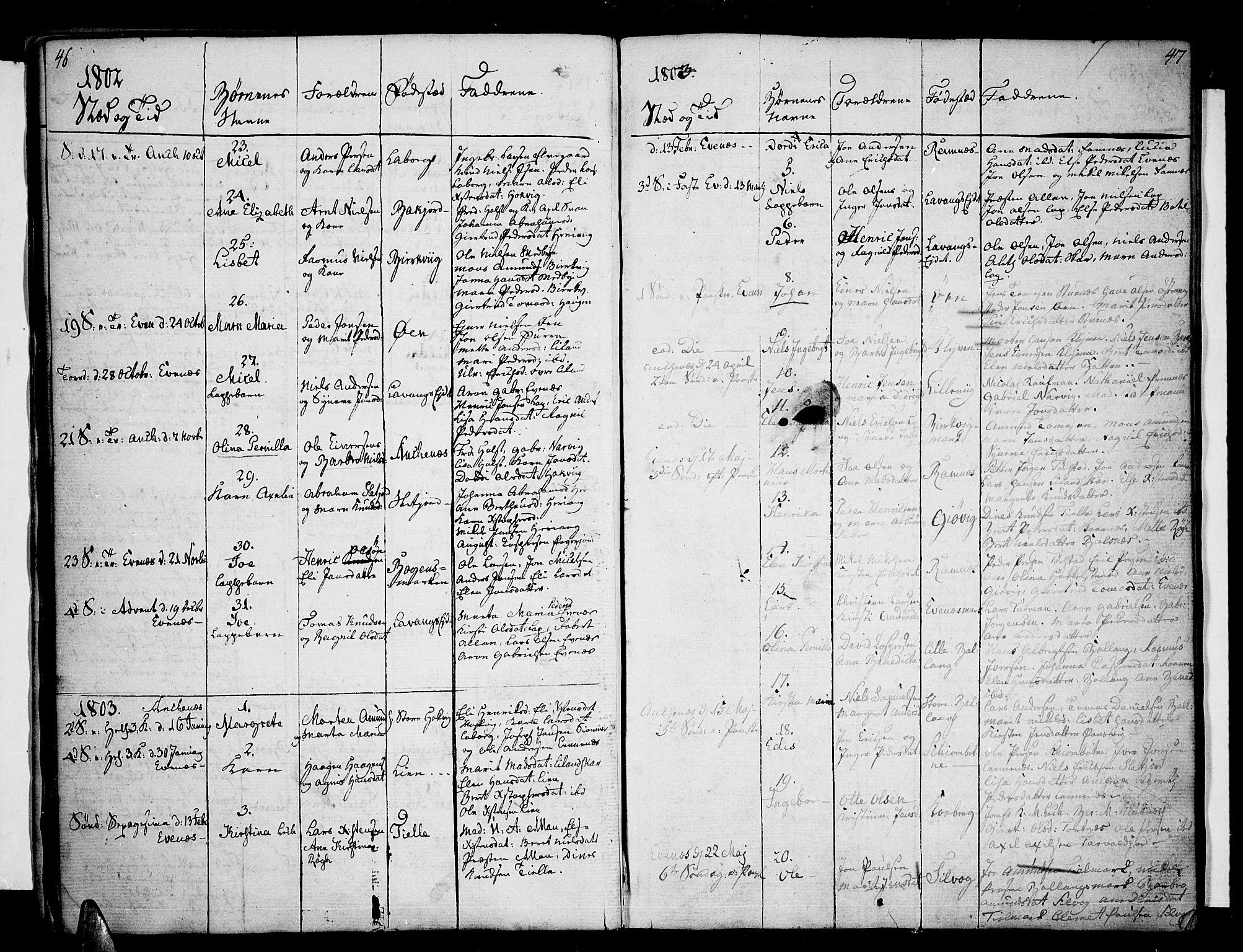 Ministerialprotokoller, klokkerbøker og fødselsregistre - Nordland, AV/SAT-A-1459/863/L0893: Parish register (official) no. 863A05, 1794-1821, p. 46-47