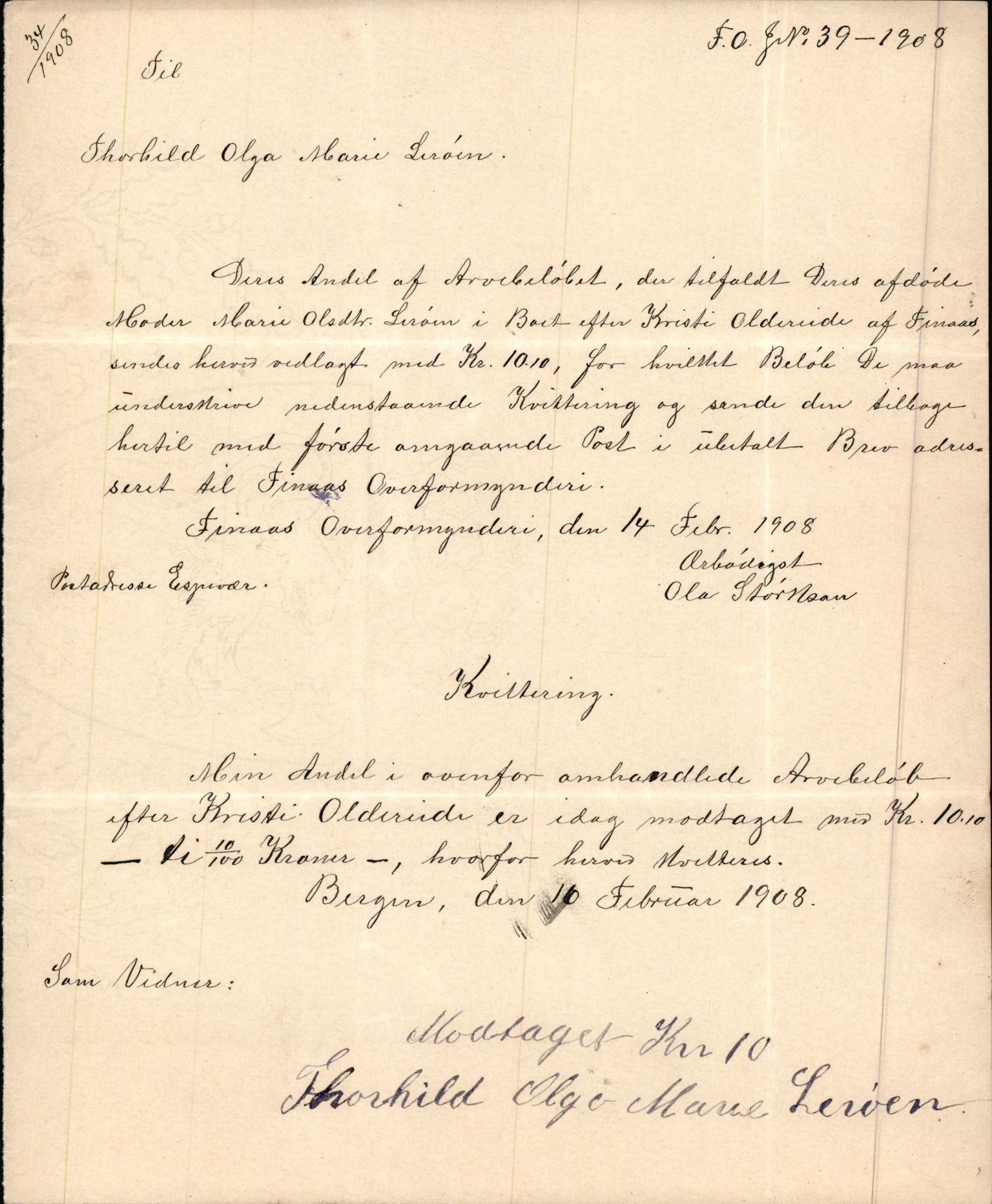 Finnaas kommune. Overformynderiet, IKAH/1218a-812/D/Da/Daa/L0002/0003: Kronologisk ordna korrespondanse / Kronologisk ordna korrespondanse, 1905-1909, p. 115