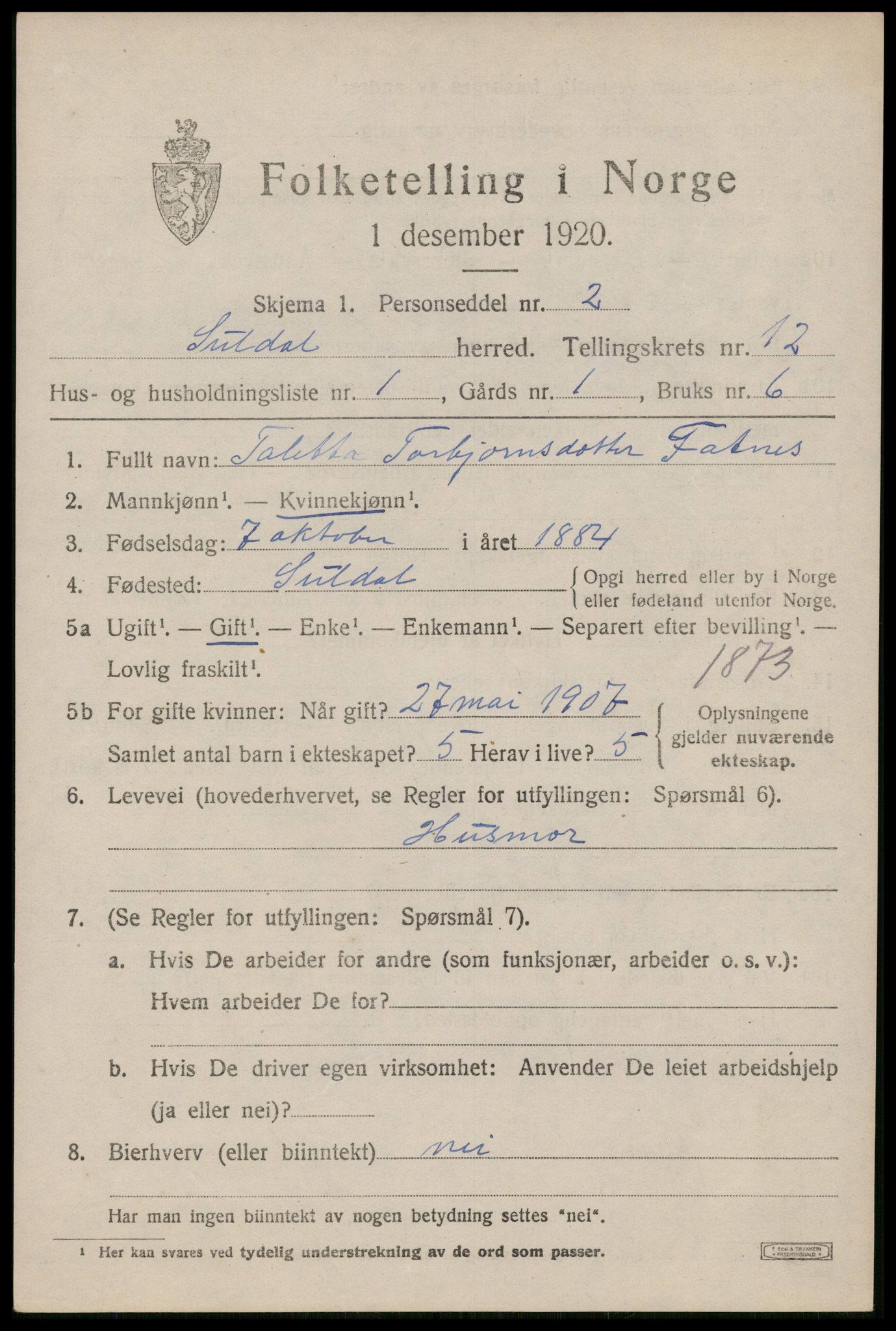 SAST, 1920 census for Suldal, 1920, p. 3468