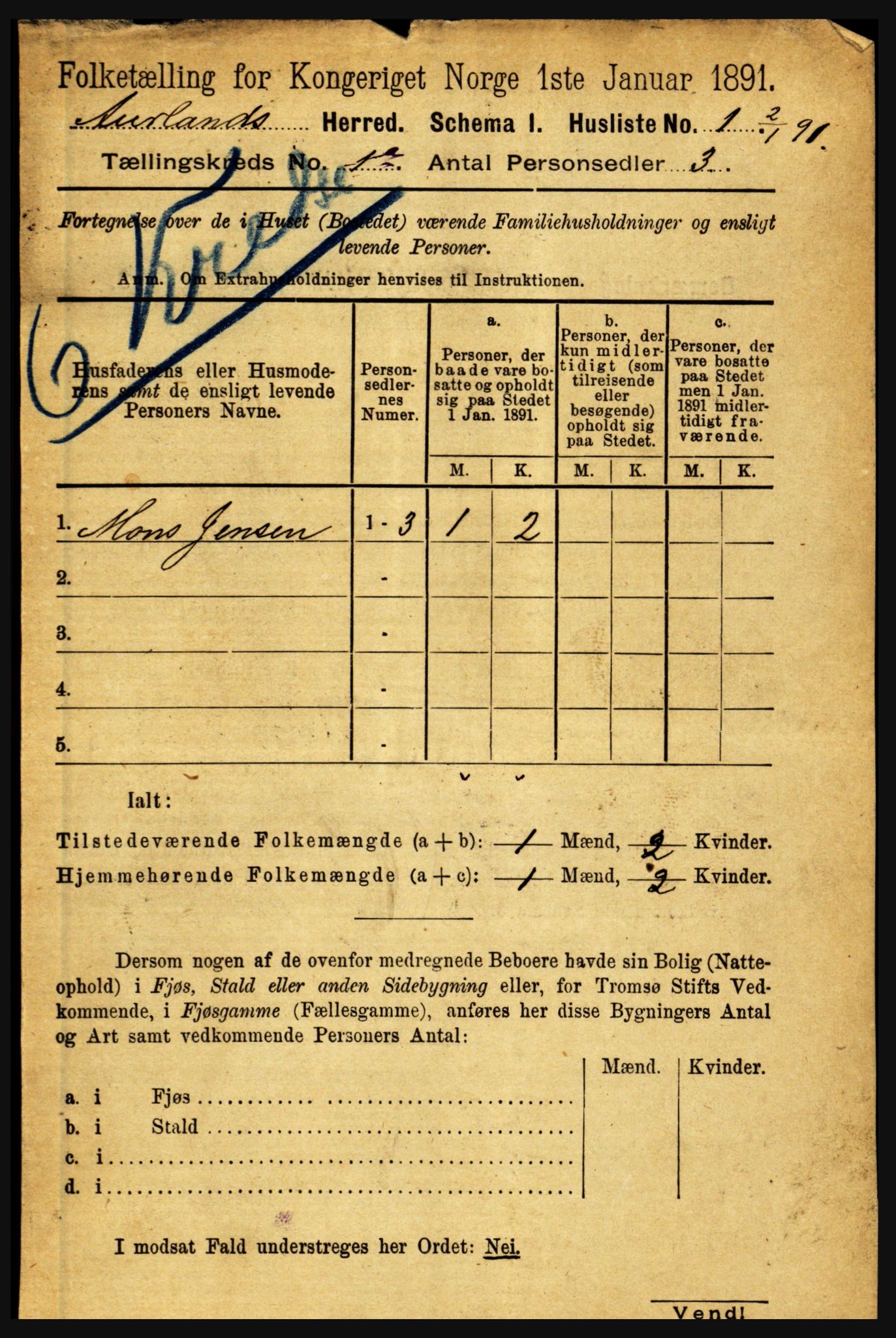 RA, 1891 census for 1421 Aurland, 1891, p. 20