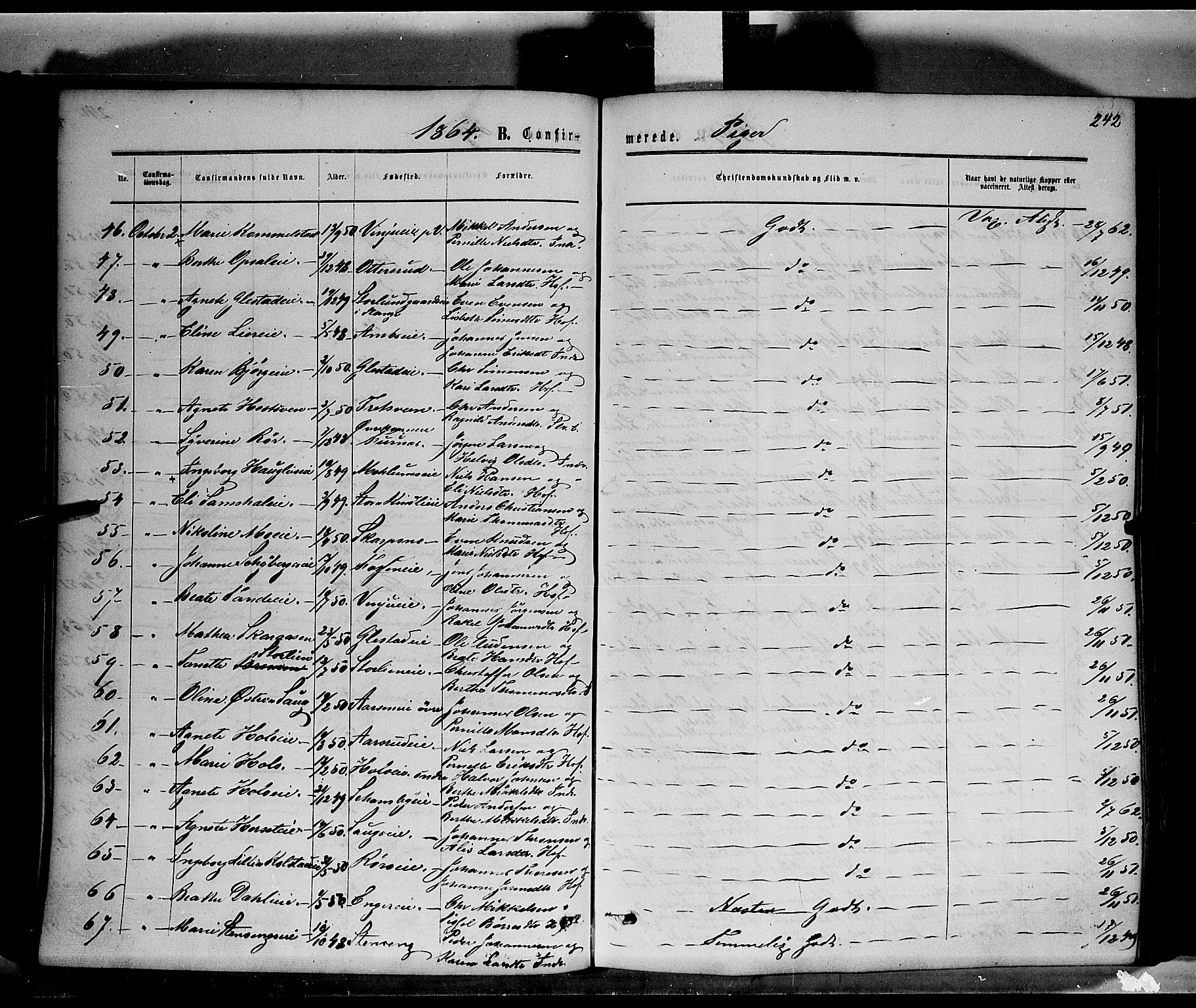 Ringsaker prestekontor, AV/SAH-PREST-014/K/Ka/L0010: Parish register (official) no. 10, 1861-1869, p. 242