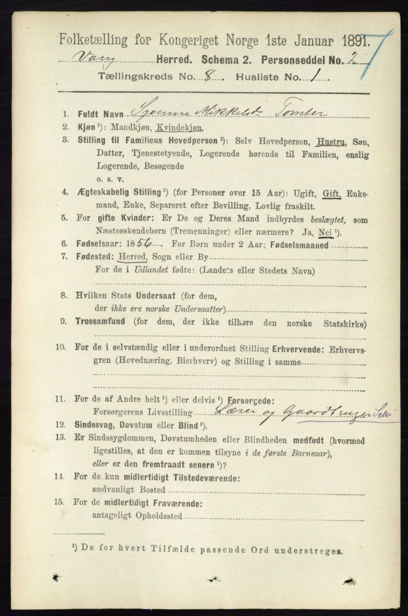 RA, 1891 census for 0414 Vang, 1891, p. 5620