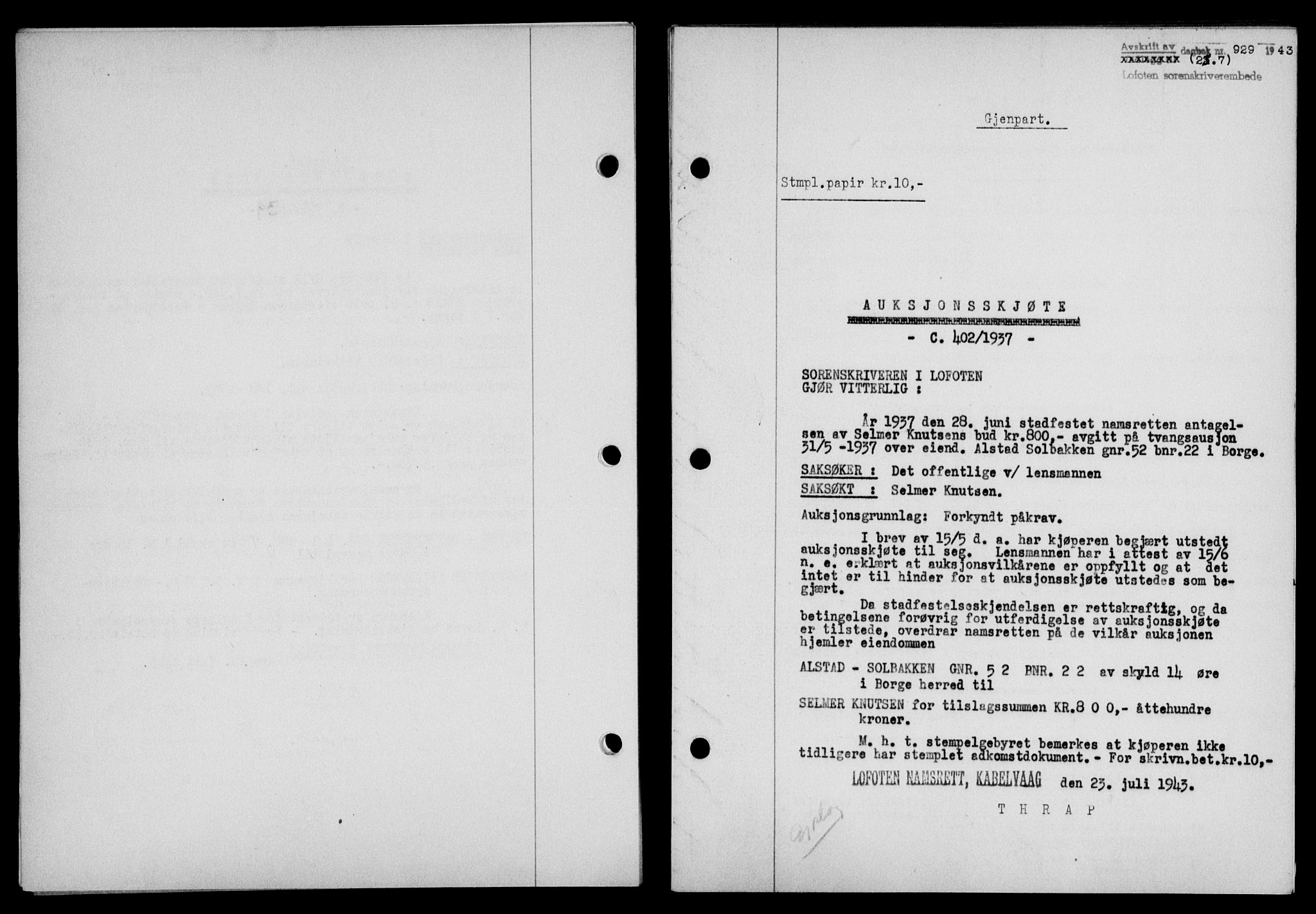 Lofoten sorenskriveri, SAT/A-0017/1/2/2C/L0011a: Mortgage book no. 11a, 1943-1943, Diary no: : 929/1943