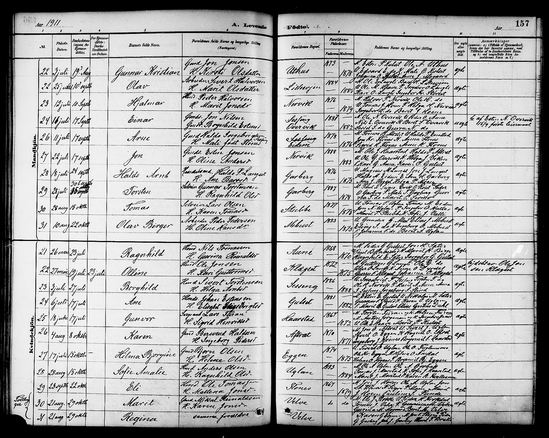 Ministerialprotokoller, klokkerbøker og fødselsregistre - Sør-Trøndelag, SAT/A-1456/695/L1157: Parish register (copy) no. 695C08, 1889-1913, p. 157