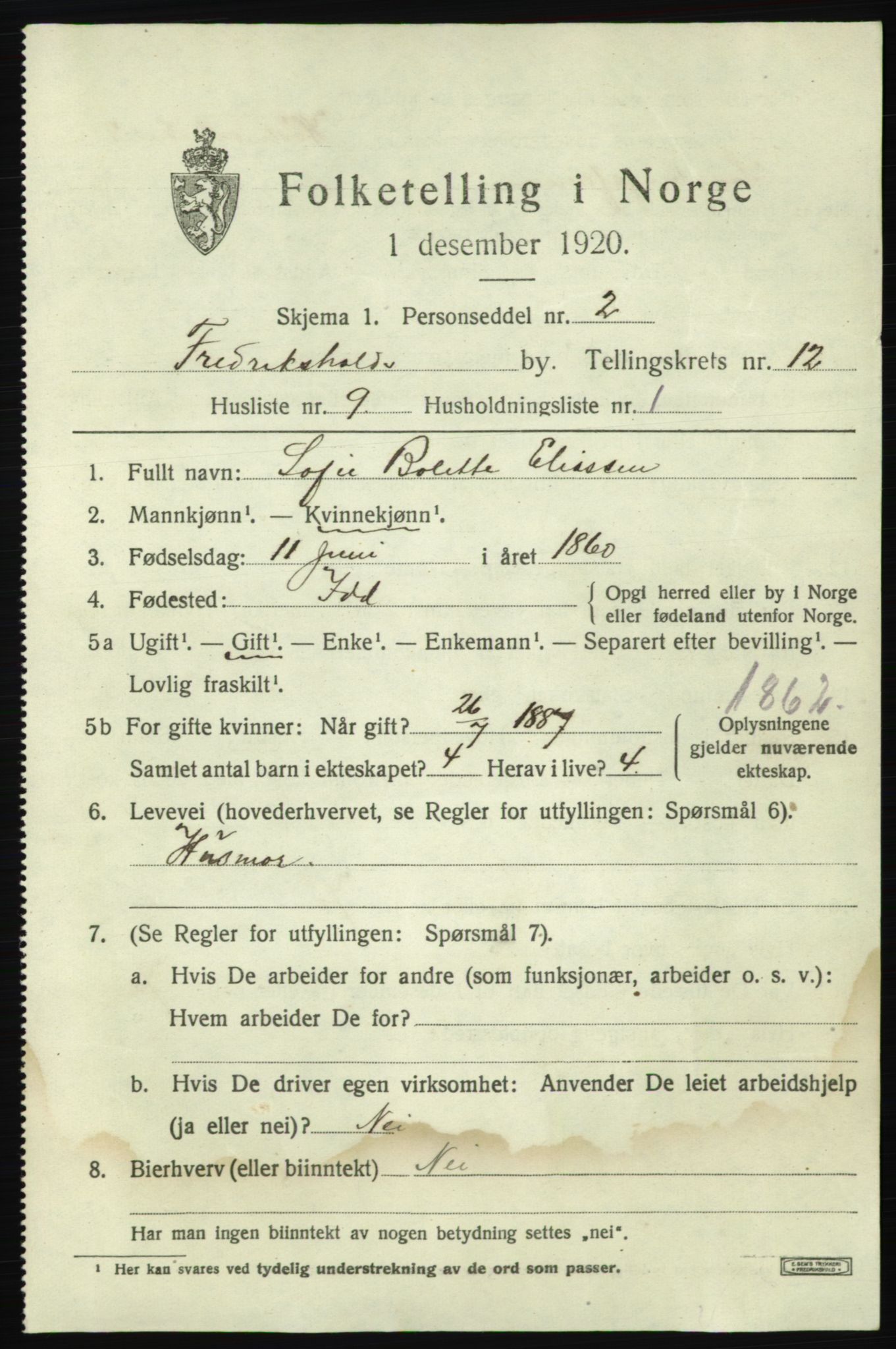 SAO, 1920 census for Fredrikshald, 1920, p. 20043