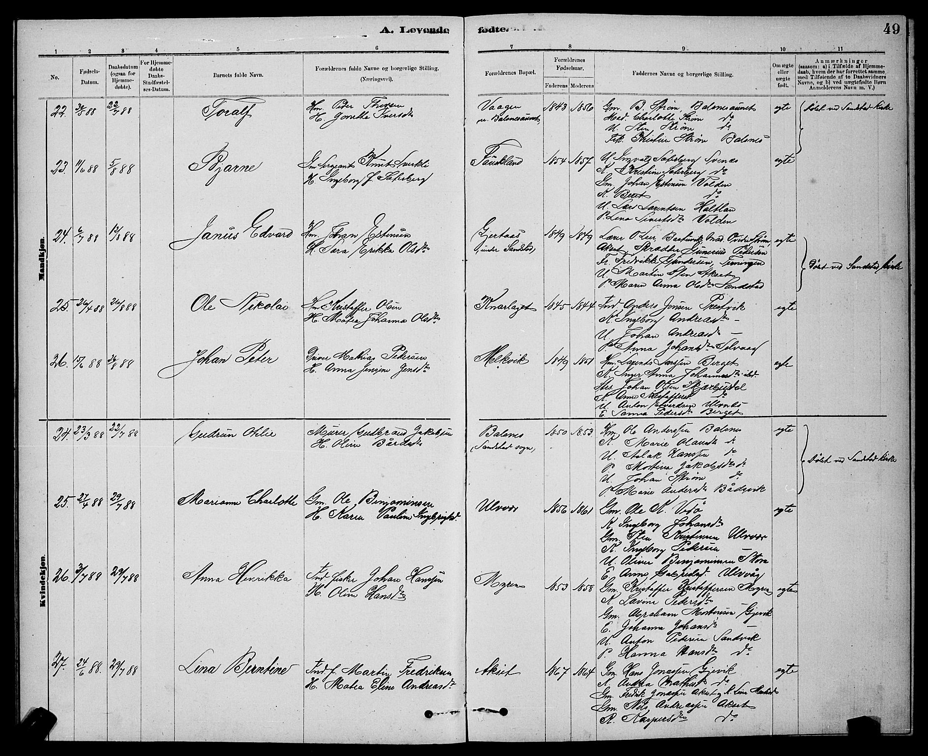 Ministerialprotokoller, klokkerbøker og fødselsregistre - Sør-Trøndelag, AV/SAT-A-1456/637/L0562: Parish register (copy) no. 637C03, 1883-1898, p. 49