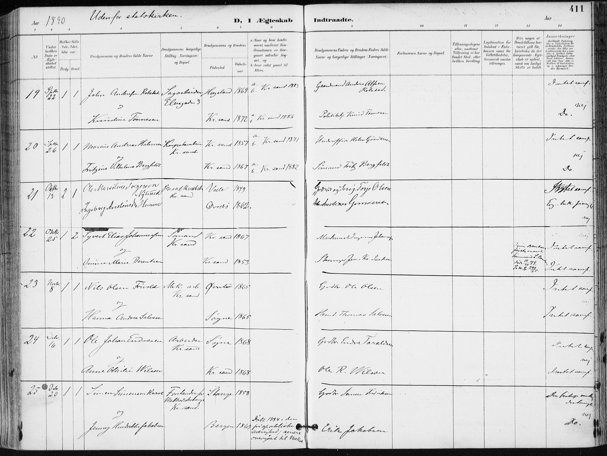 Kristiansand domprosti, AV/SAK-1112-0006/F/Fa/L0019: Parish register (official) no. A 18, 1890-1897, p. 411