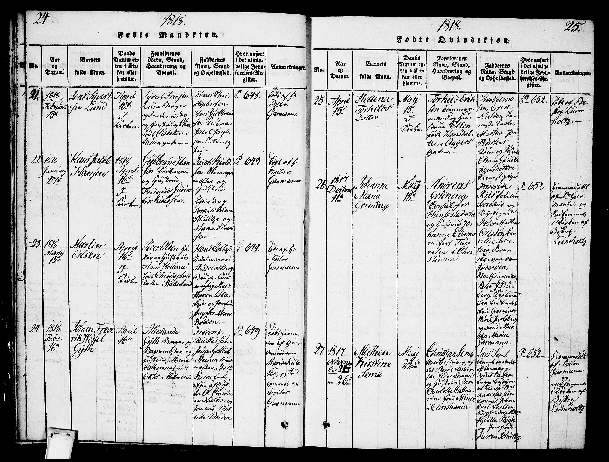 Oslo domkirke Kirkebøker, SAO/A-10752/F/Fa/L0007: Parish register (official) no. 7, 1817-1824, p. 24-25