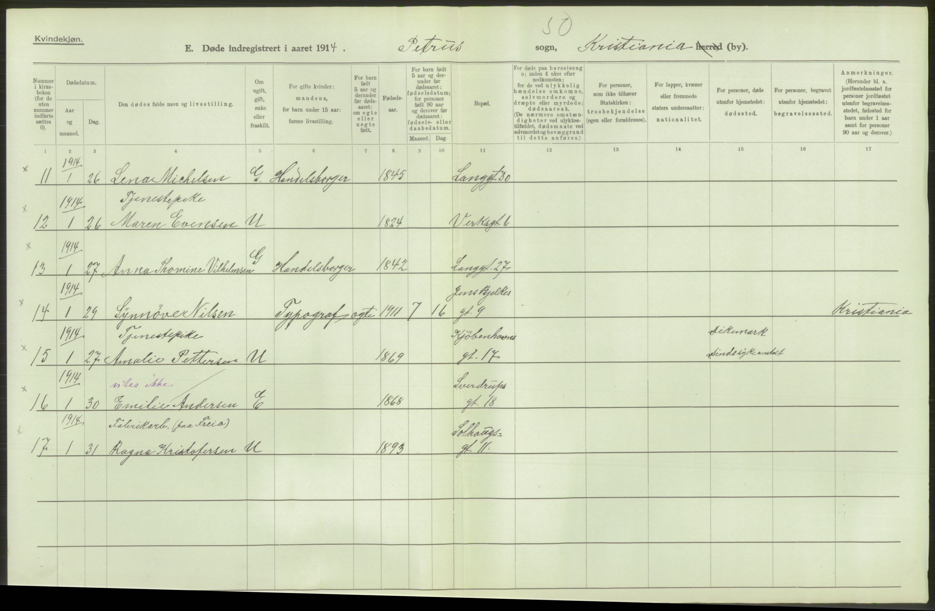 Statistisk sentralbyrå, Sosiodemografiske emner, Befolkning, RA/S-2228/D/Df/Dfb/Dfbd/L0008: Kristiania: Døde, 1914, p. 394