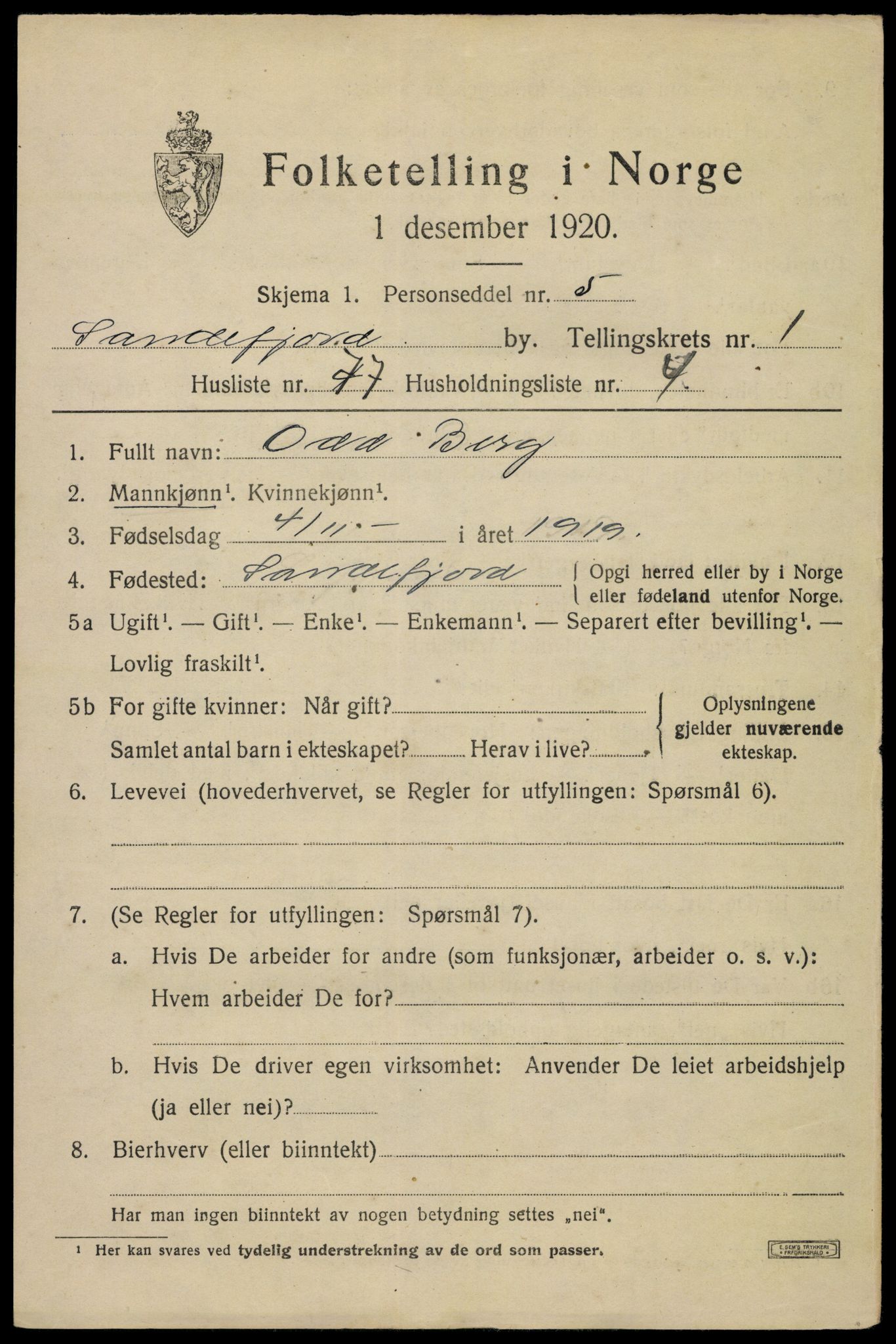 SAKO, 1920 census for Sandefjord, 1920, p. 5416