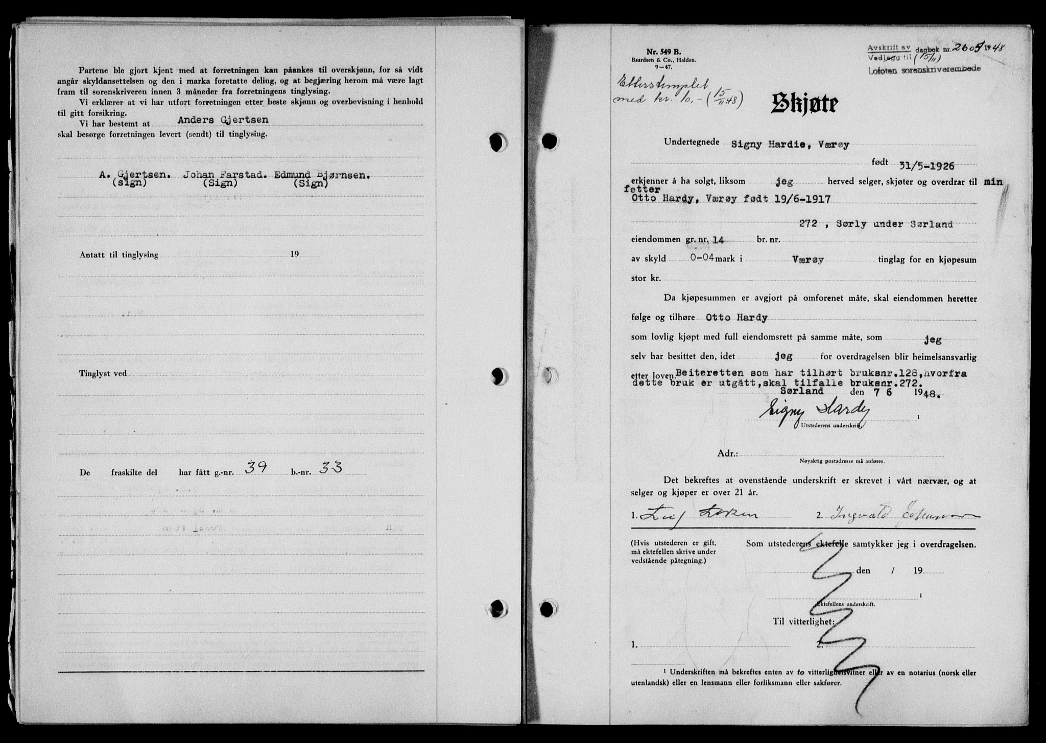 Lofoten sorenskriveri, SAT/A-0017/1/2/2C/L0019a: Mortgage book no. 19a, 1948-1948, Diary no: : 2605/1948