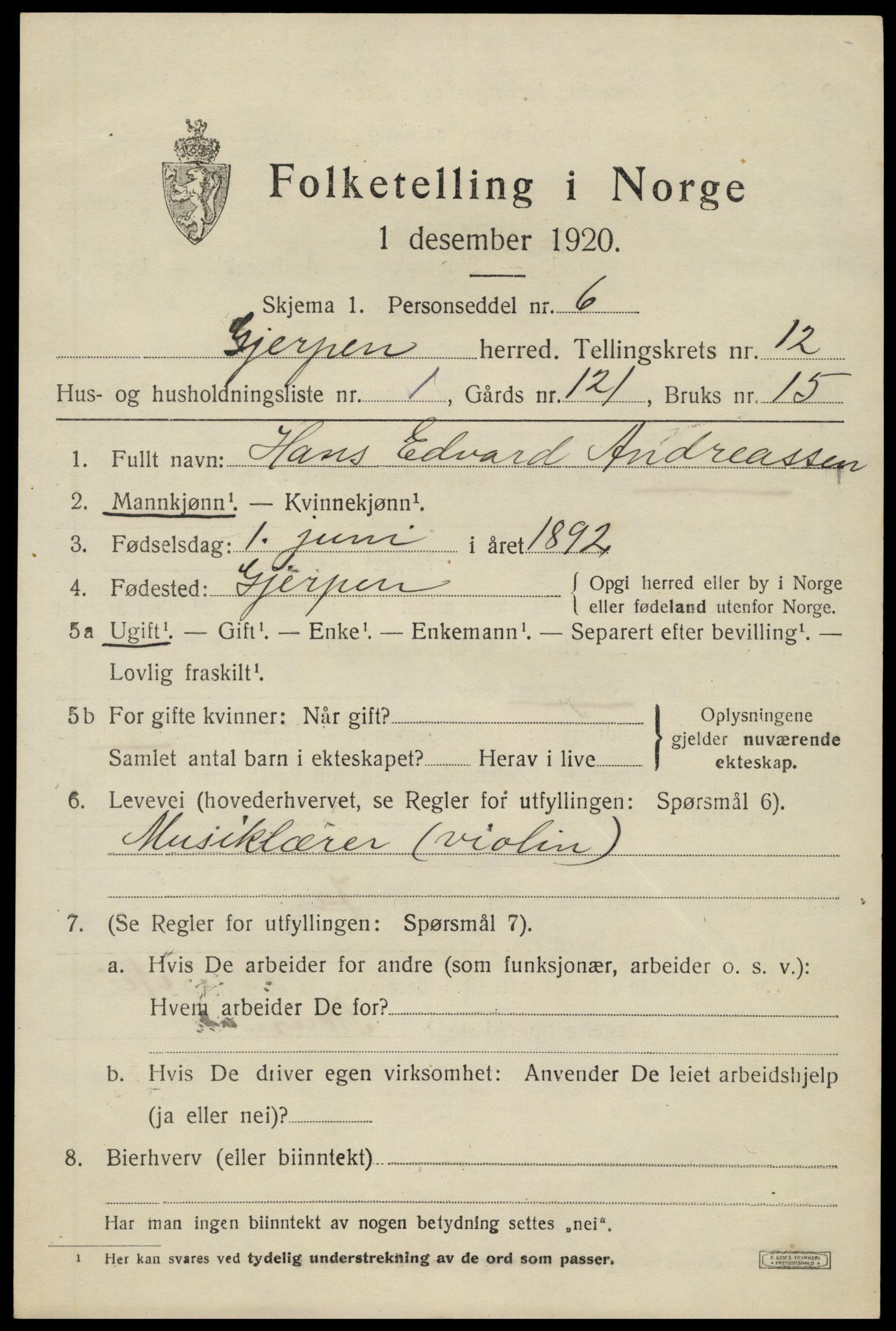 SAKO, 1920 census for Gjerpen, 1920, p. 13582