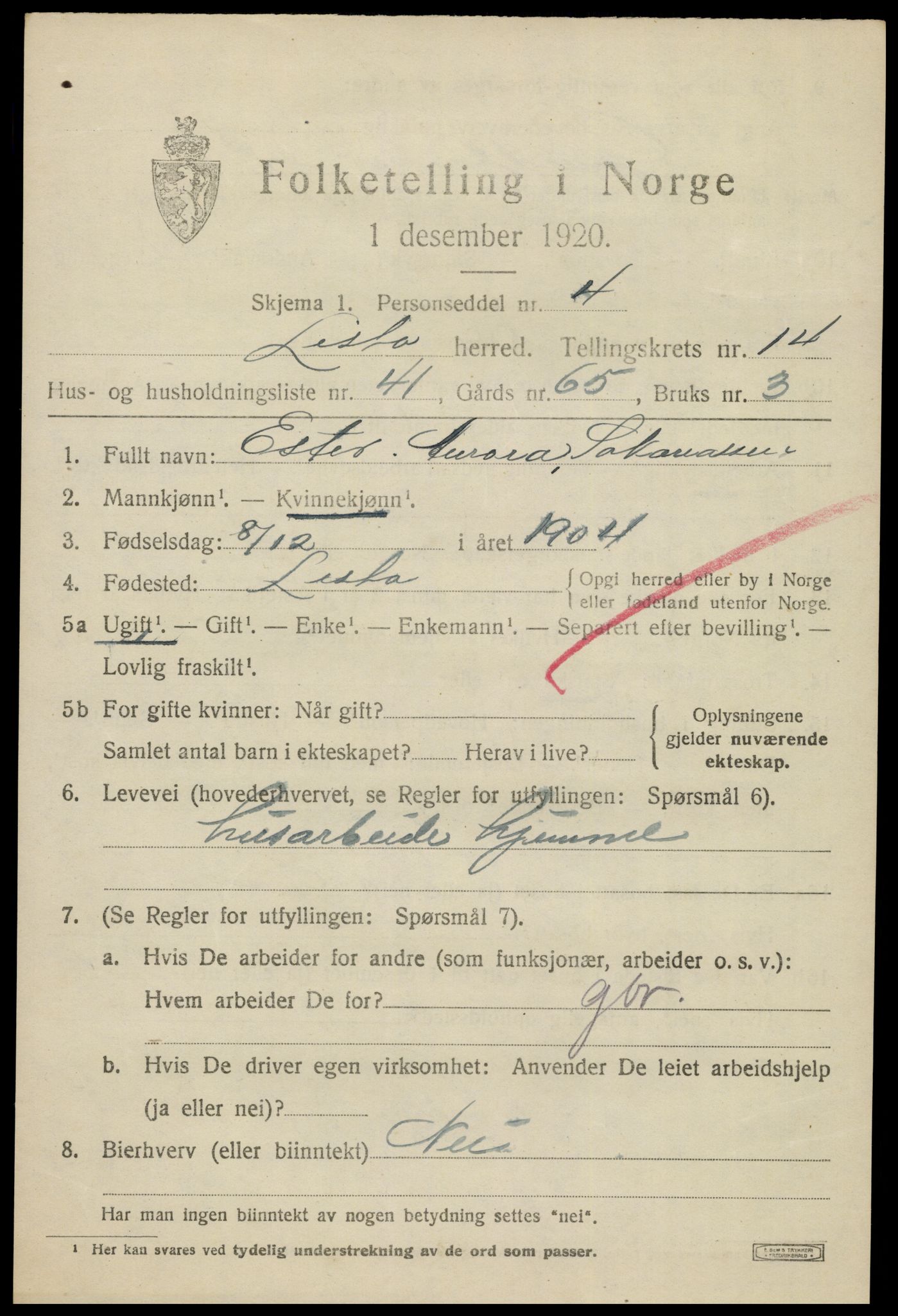 SAK, 1920 census for Lista, 1920, p. 12447