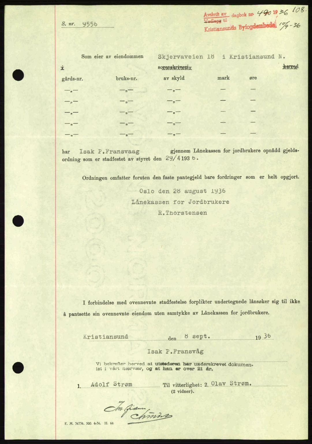 Kristiansund byfogd, AV/SAT-A-4587/A/27: Mortgage book no. 29, 1936-1937, Diary no: : 490/1936