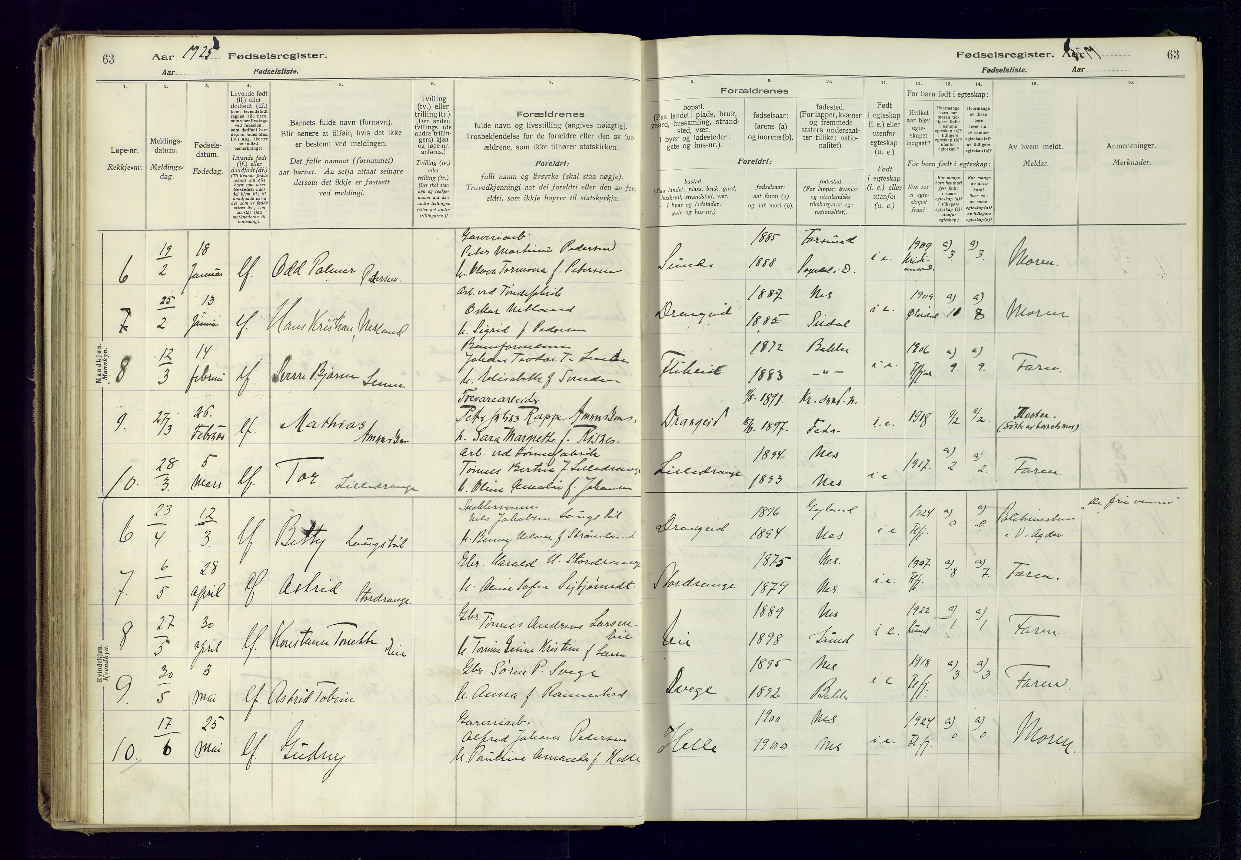 Flekkefjord sokneprestkontor, AV/SAK-1111-0012/J/Ja/L0005: Birth register no. 5, 1916-1950, p. 63