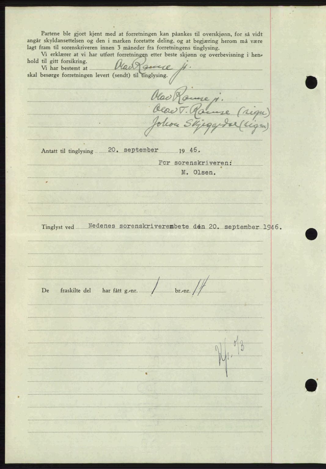 Nedenes sorenskriveri, AV/SAK-1221-0006/G/Gb/Gba/L0056: Mortgage book no. A8, 1946-1947, Diary no: : 1136/1946