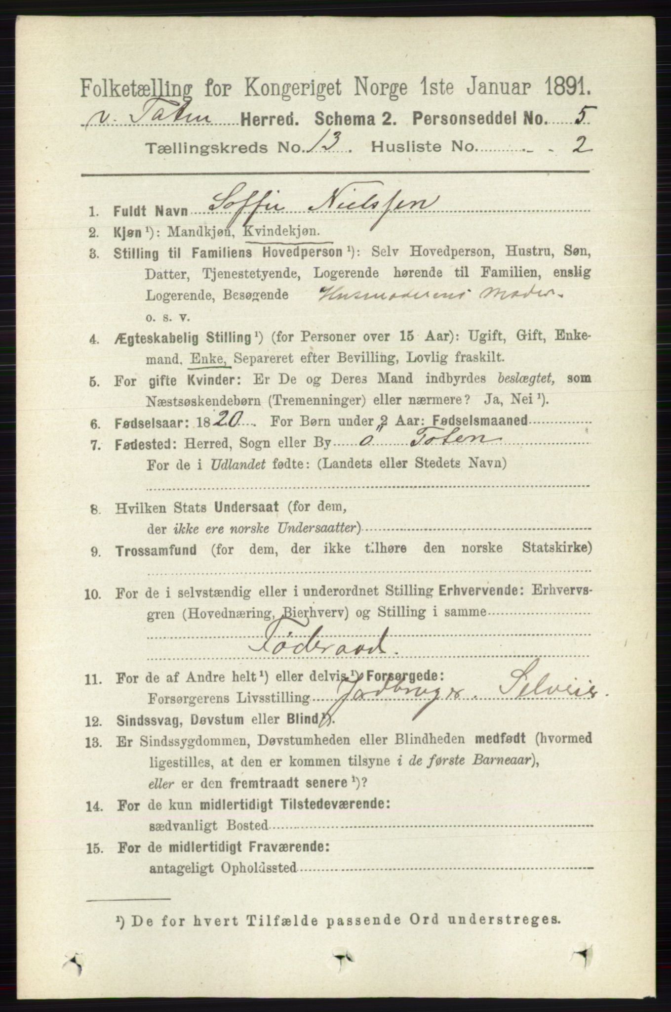 RA, 1891 census for 0529 Vestre Toten, 1891, p. 7826