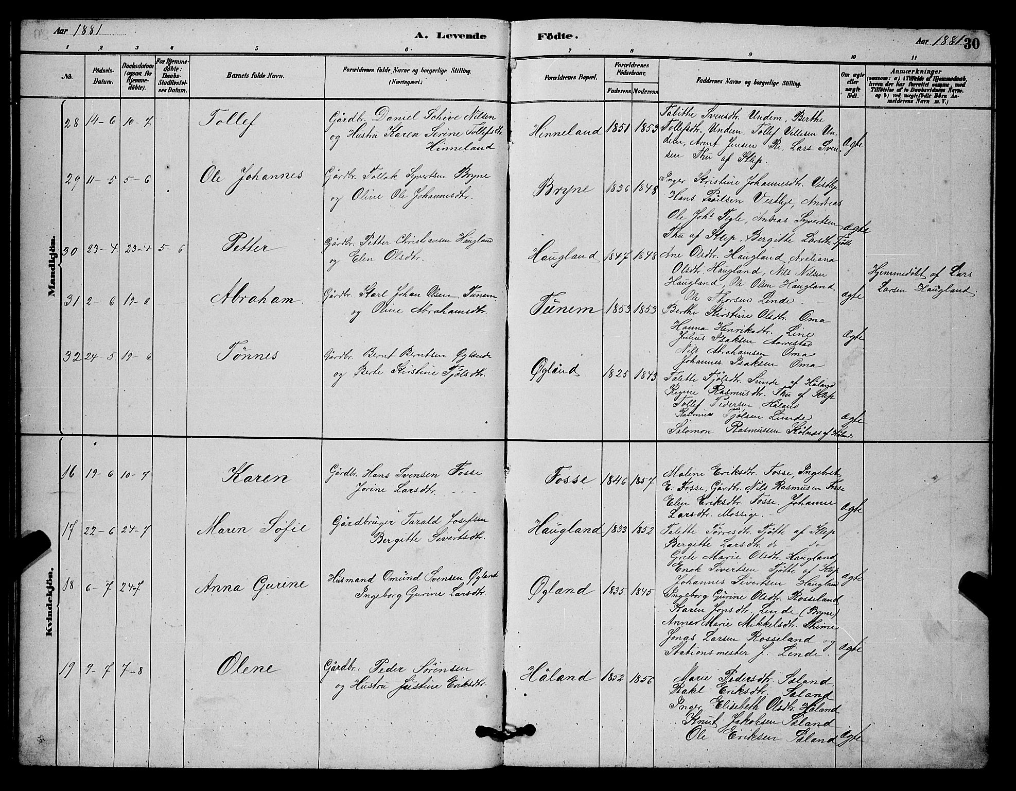 Lye sokneprestkontor, AV/SAST-A-101794/001/30BB/L0006: Parish register (copy) no. B 6, 1879-1888, p. 30