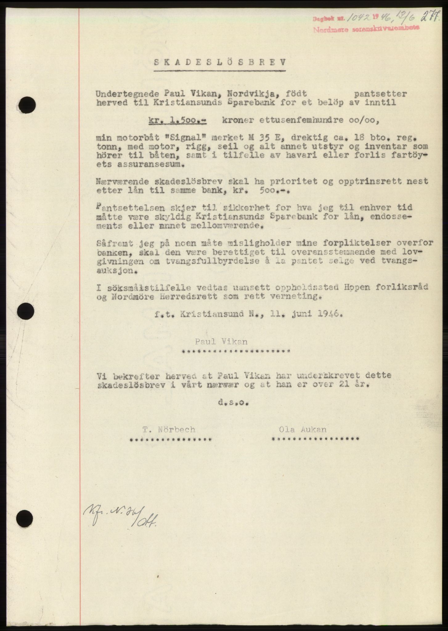 Nordmøre sorenskriveri, AV/SAT-A-4132/1/2/2Ca: Mortgage book no. B94, 1946-1946, Diary no: : 1042/1946