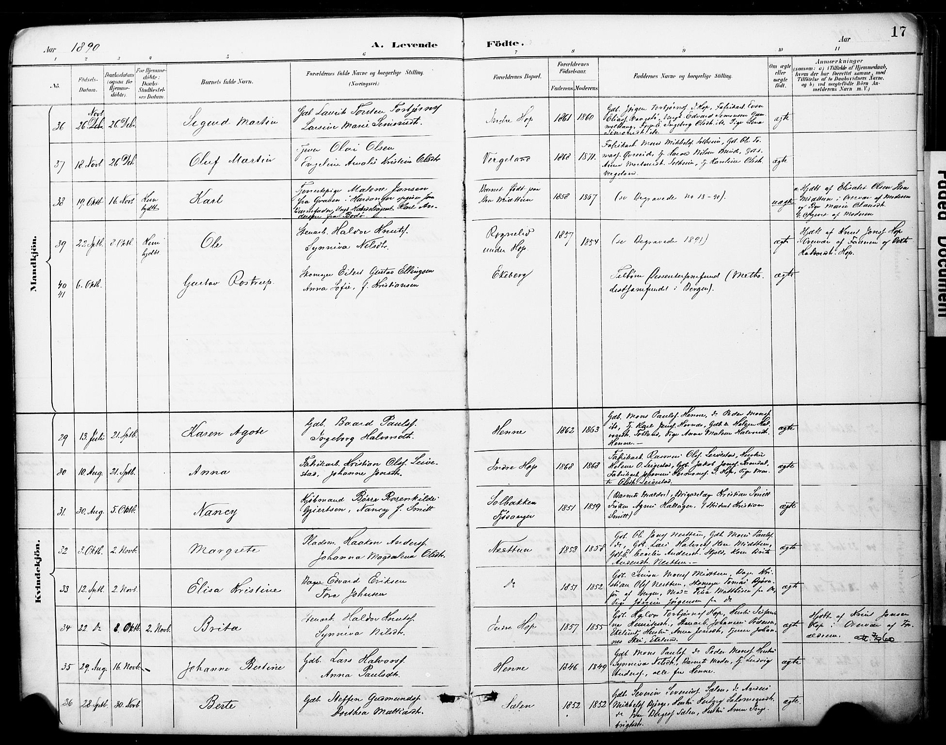 Fana Sokneprestembete, AV/SAB-A-75101/H/Haa/Haai/L0002: Parish register (official) no. I 2, 1888-1899, p. 17