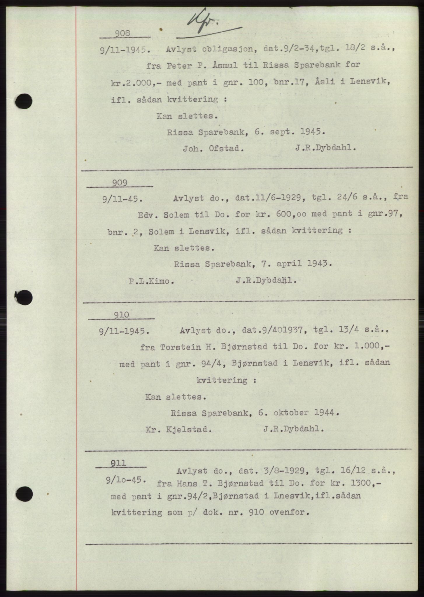 Fosen sorenskriveri, AV/SAT-A-1107/1/2/2C: Mortgage book no. B1, 1943-1946, Diary no: : 908/1945