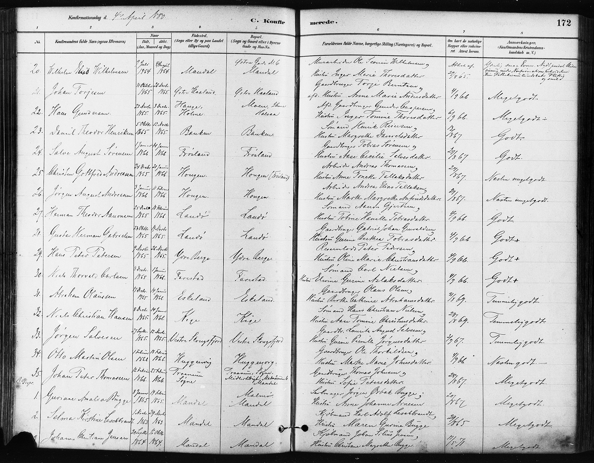 Mandal sokneprestkontor, SAK/1111-0030/F/Fa/Faa/L0016: Parish register (official) no. A 16, 1880-1890, p. 172