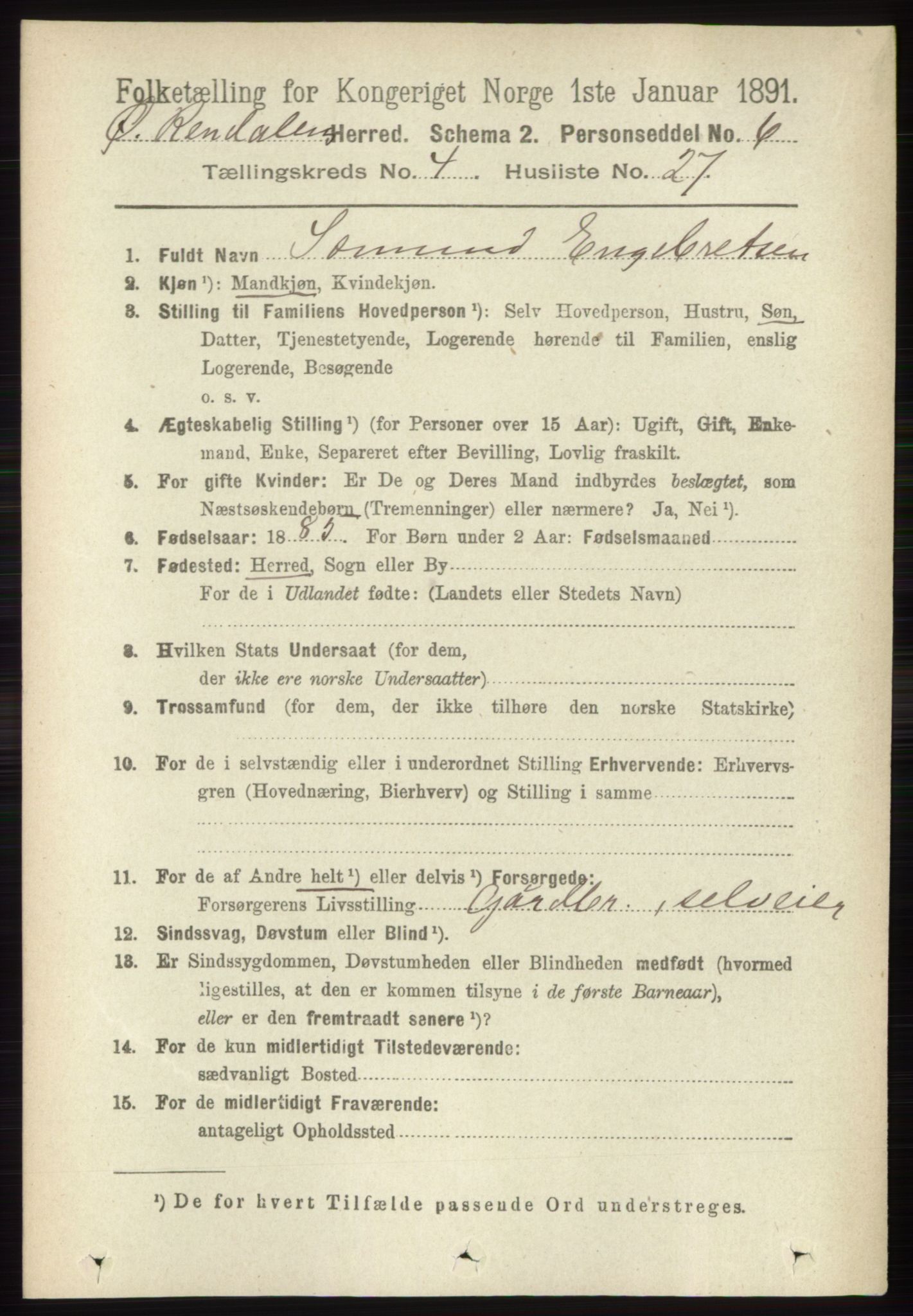 RA, 1891 census for 0433 Øvre Rendal, 1891, p. 1131