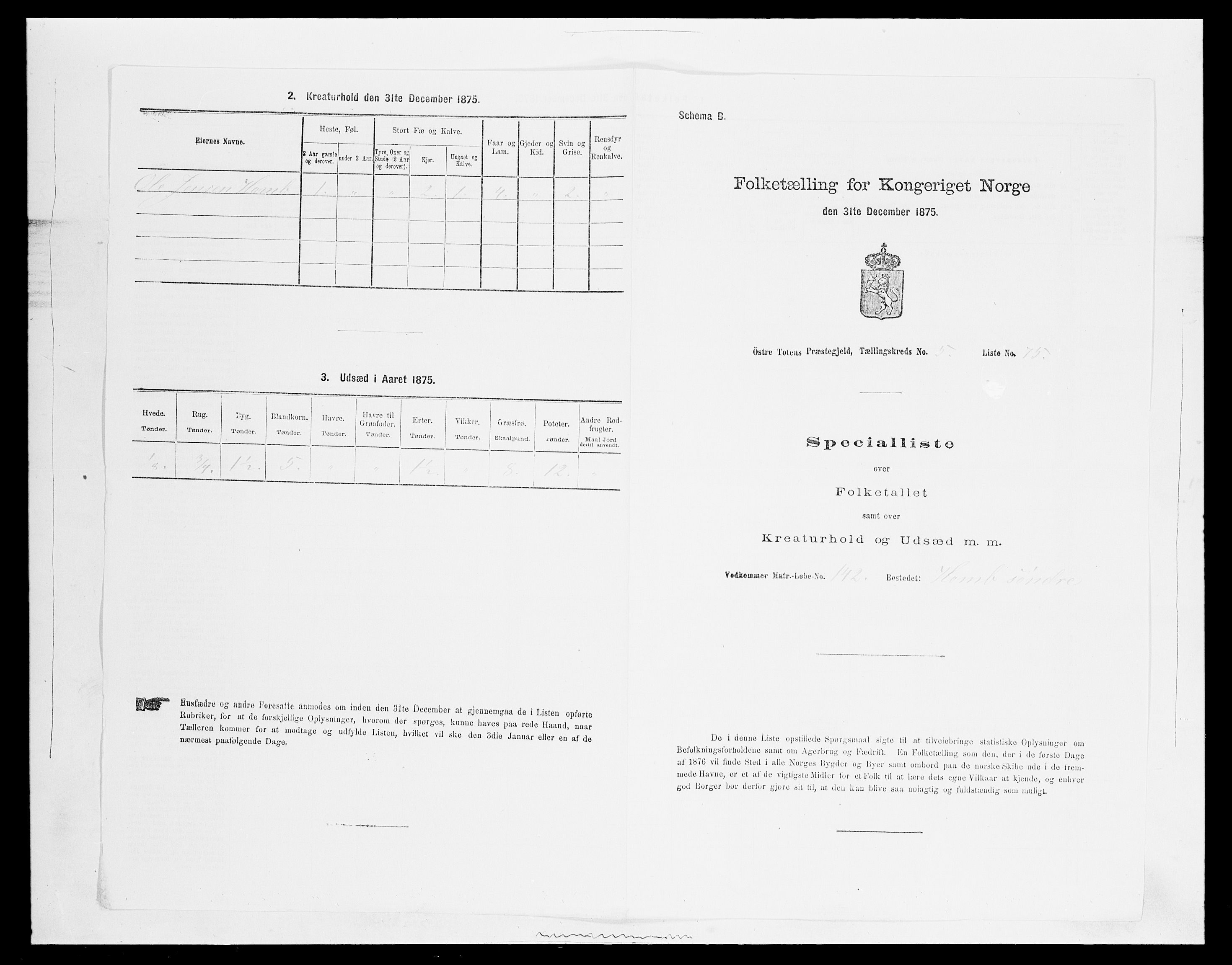 SAH, 1875 census for 0528P Østre Toten, 1875, p. 1133