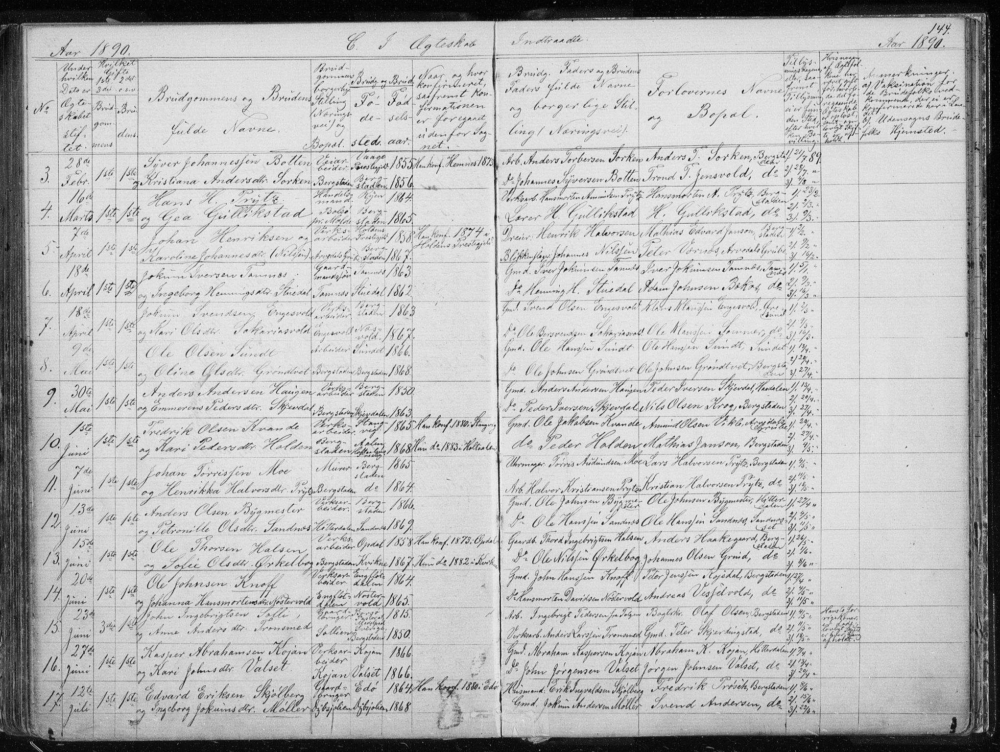 Ministerialprotokoller, klokkerbøker og fødselsregistre - Sør-Trøndelag, SAT/A-1456/681/L0940: Parish register (copy) no. 681C04, 1880-1895, p. 144