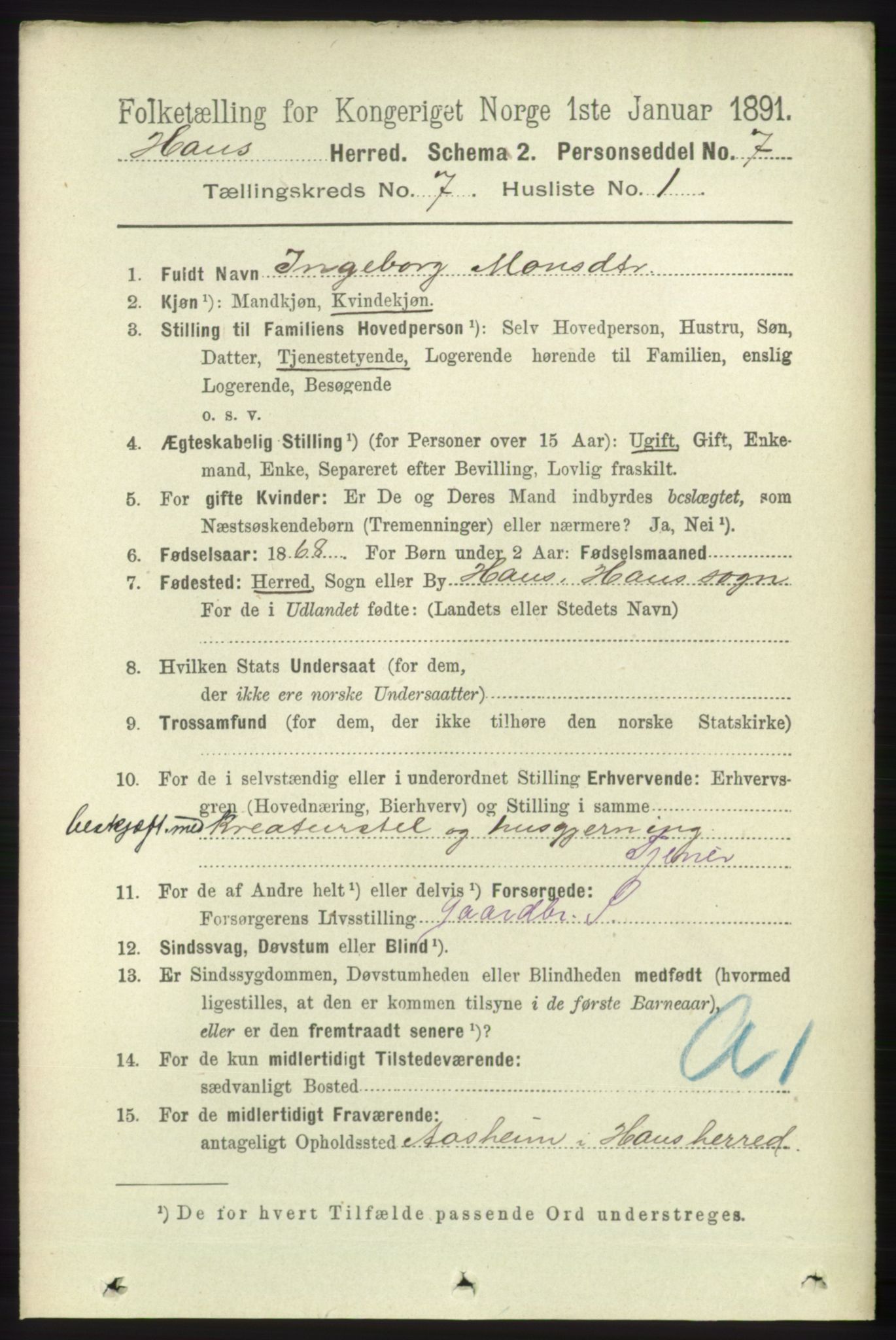 RA, 1891 census for 1250 Haus, 1891, p. 2656