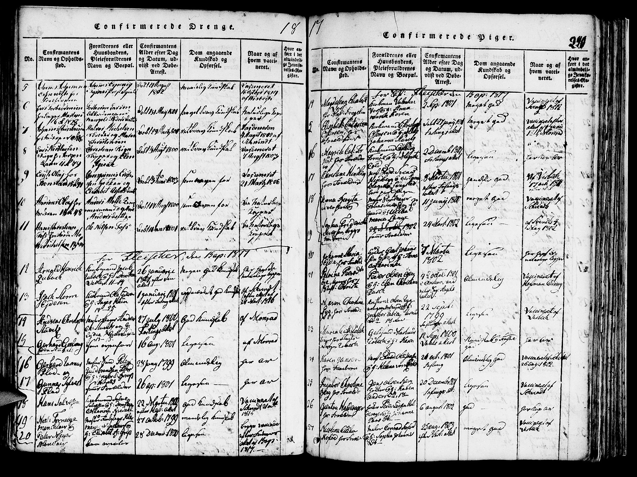 Domkirken sokneprestembete, AV/SAB-A-74801/H/Haa/L0010: Parish register (official) no. A 10, 1816-1821, p. 240