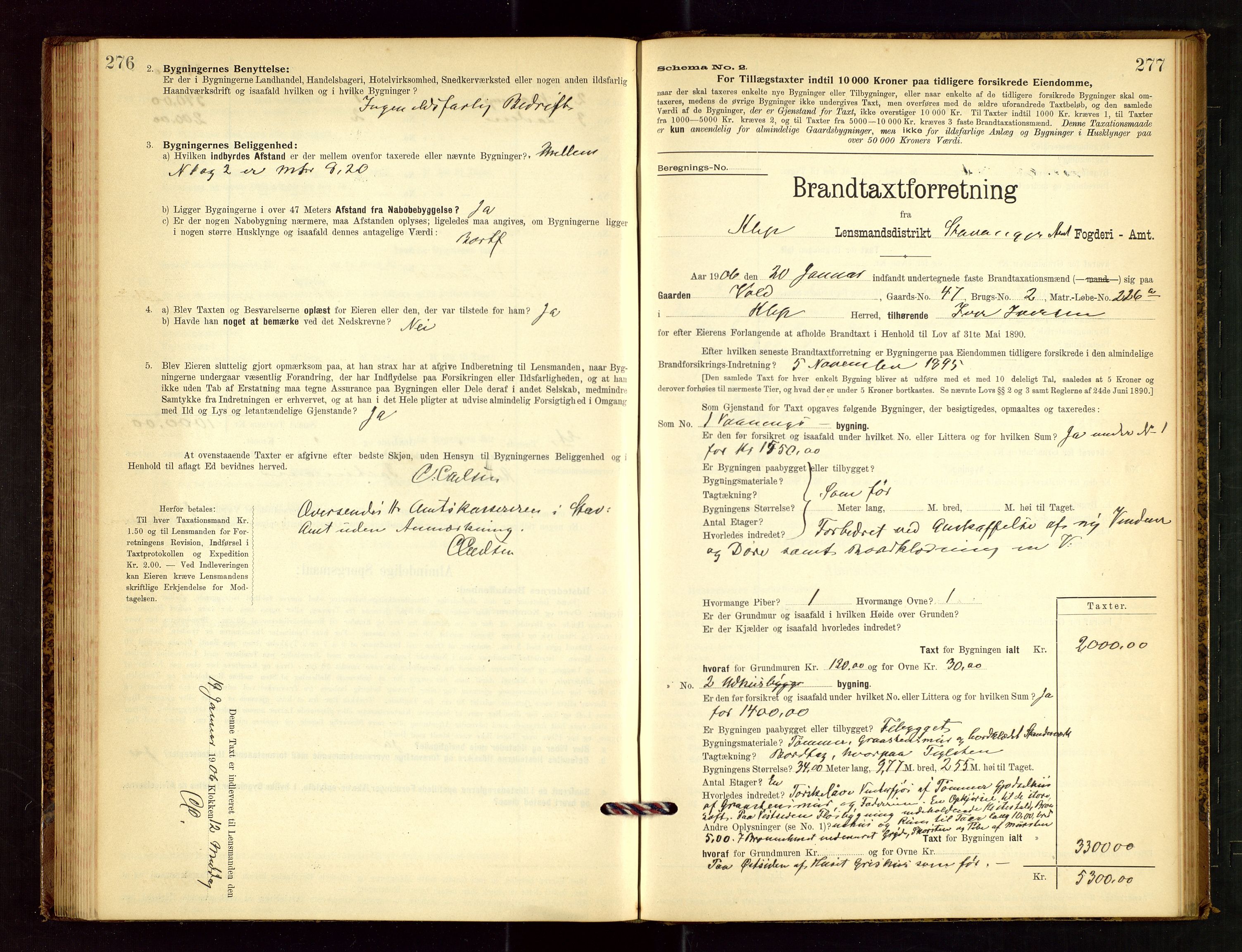 Klepp lensmannskontor, AV/SAST-A-100163/Goc/L0003: "Brandtaxationsprotokol" m/register, 1902-1907, p. 276-277