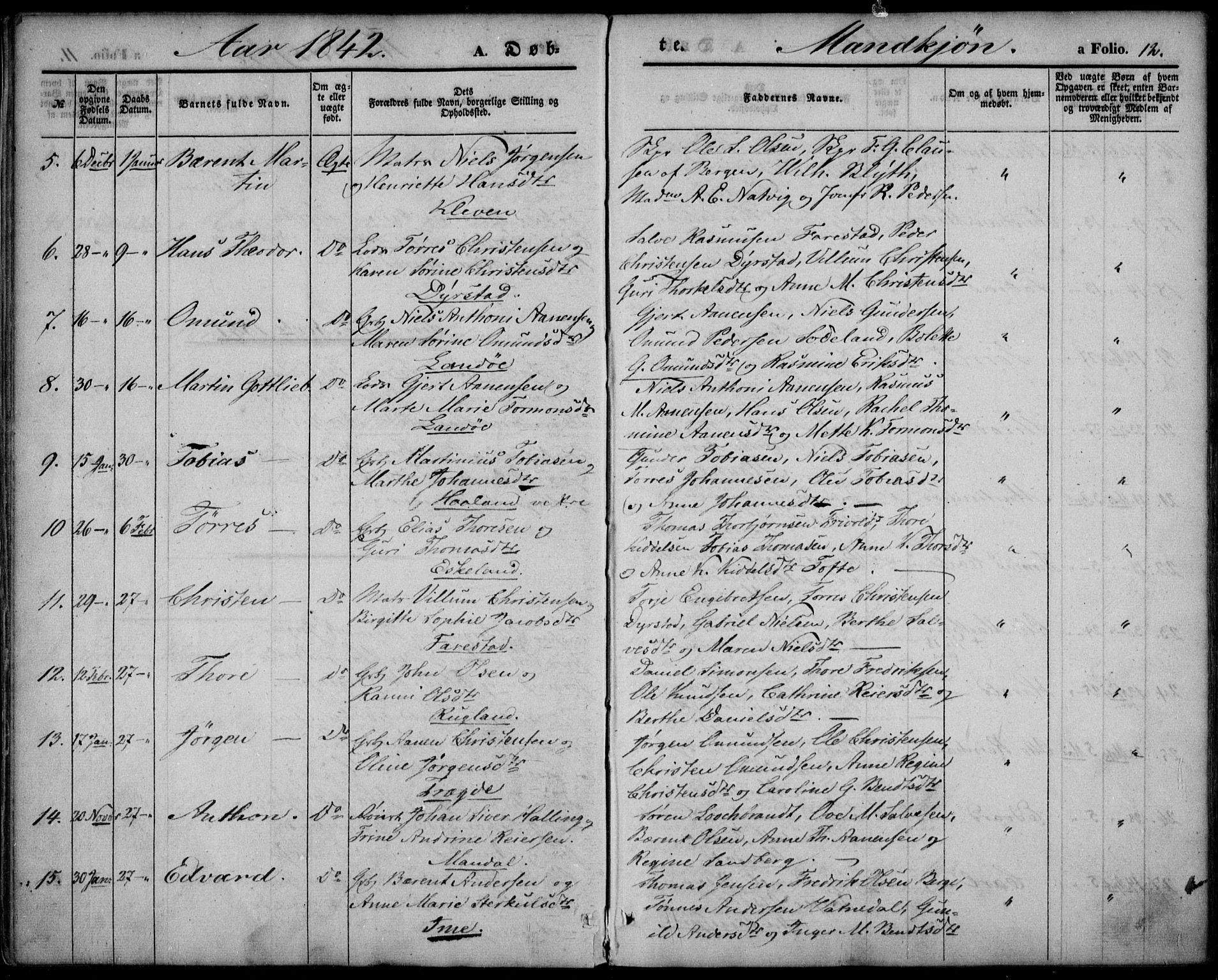 Mandal sokneprestkontor, SAK/1111-0030/F/Fa/Faa/L0012: Parish register (official) no. A 12, 1840-1847, p. 12