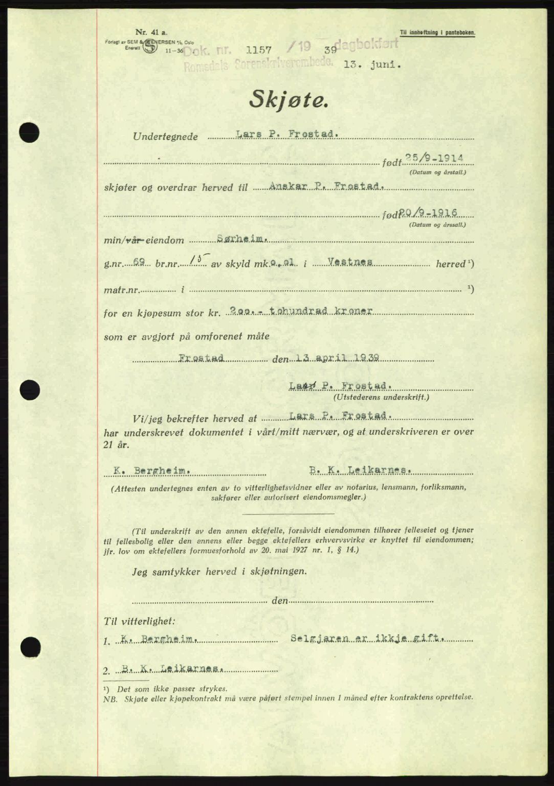 Romsdal sorenskriveri, AV/SAT-A-4149/1/2/2C: Mortgage book no. A7, 1939-1939, Diary no: : 1157/1939