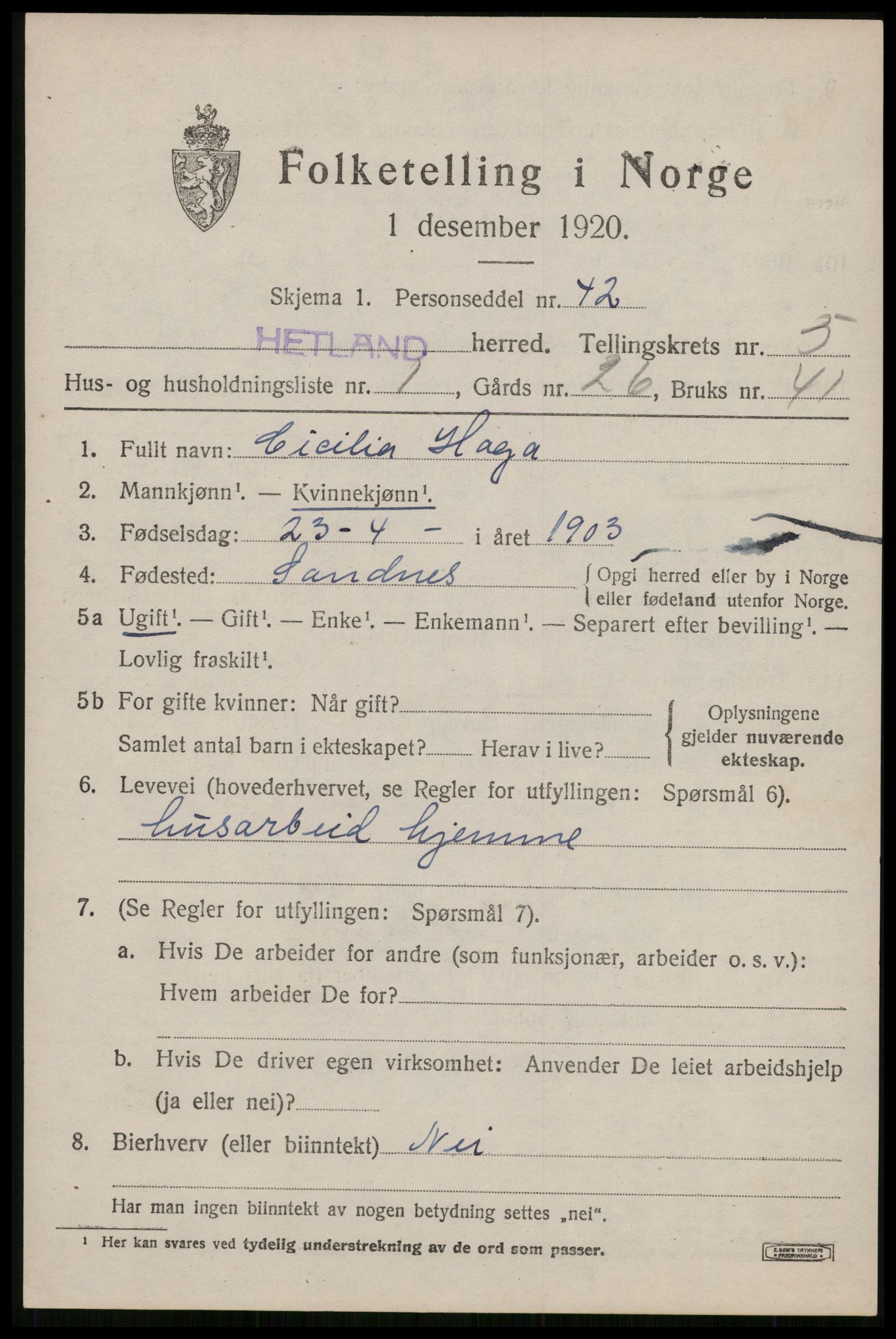SAST, 1920 census for Hetland, 1920, p. 8233