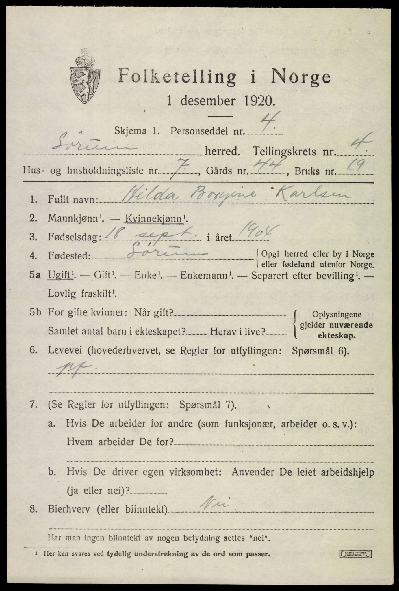 SAO, 1920 census for Sørum, 1920, p. 3485