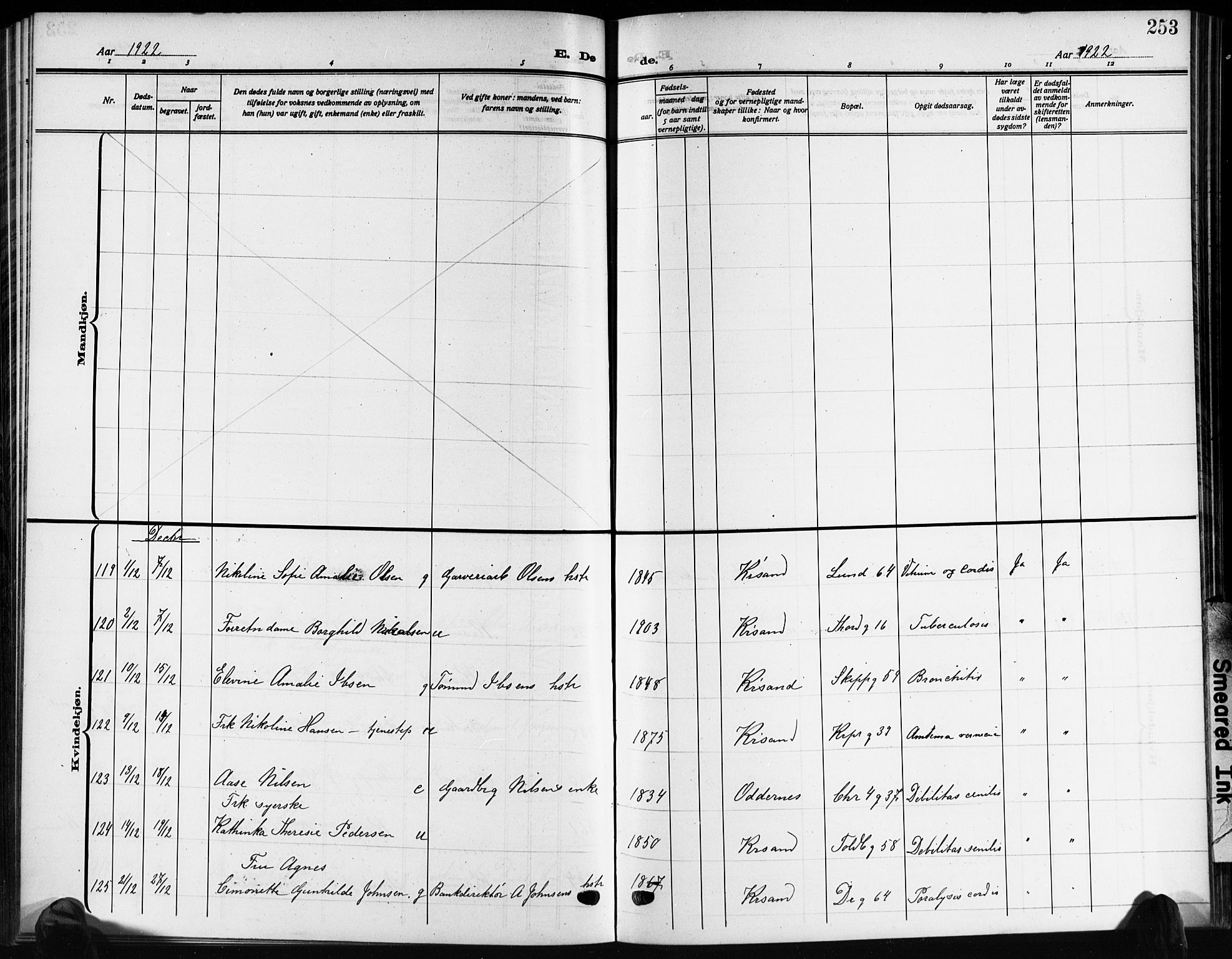 Kristiansand domprosti, AV/SAK-1112-0006/F/Fb/L0022: Parish register (copy) no. B 22, 1915-1925, p. 253